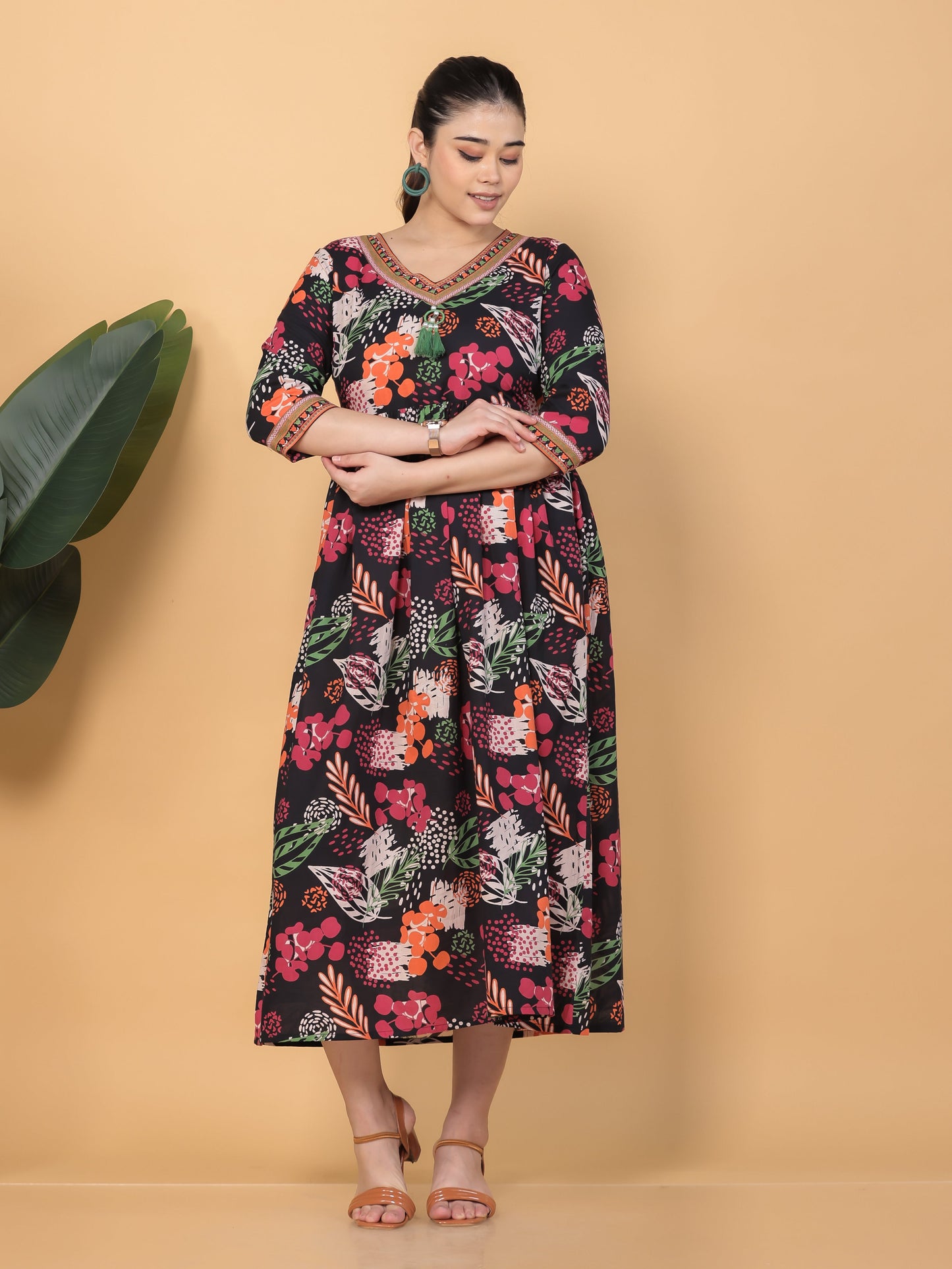 Soft Cotton Floral Anarkali Black Dress