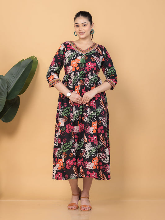 Soft Cotton Floral Anarkali Black Dress