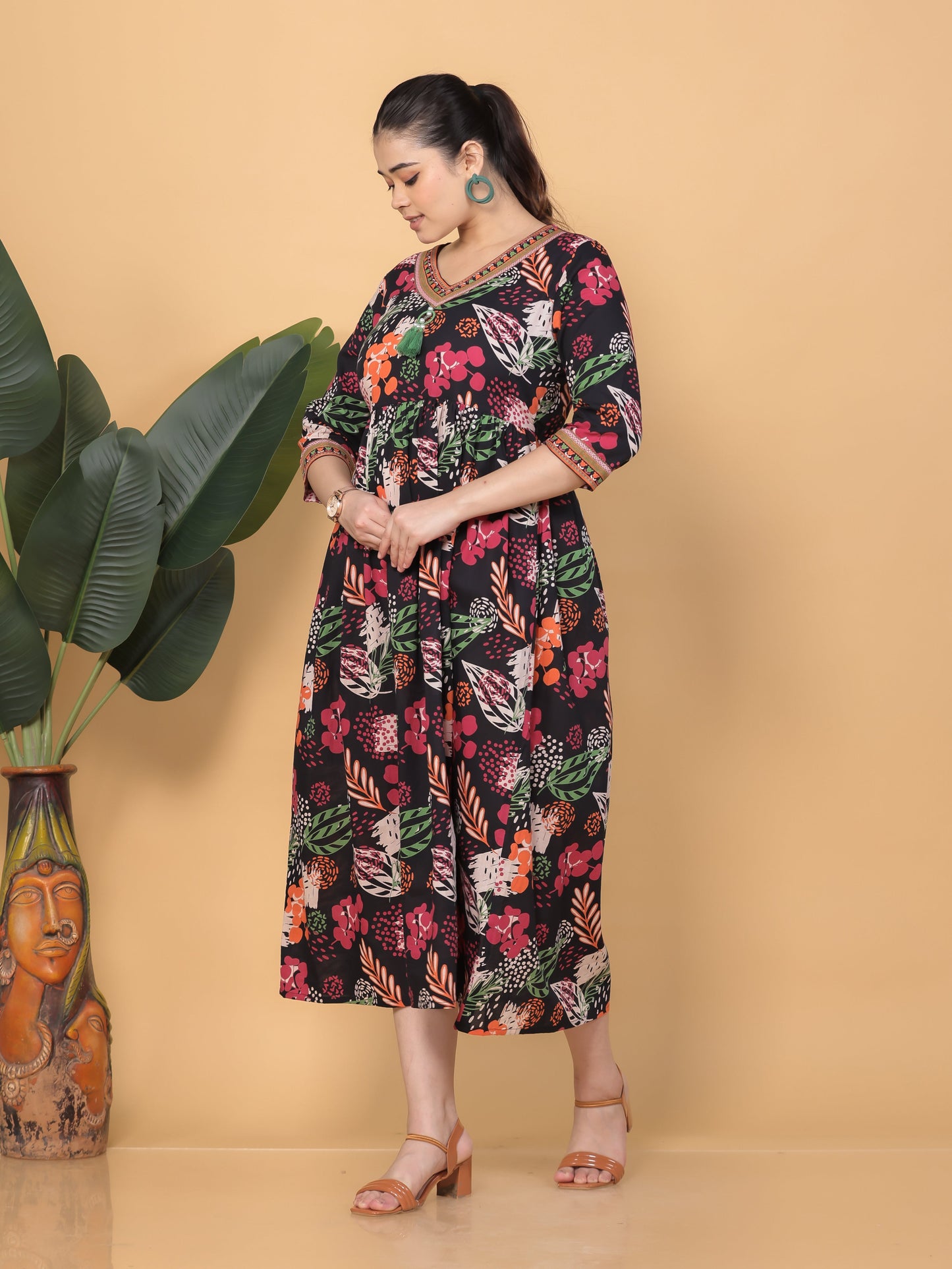 Soft Cotton Floral Anarkali Black Dress