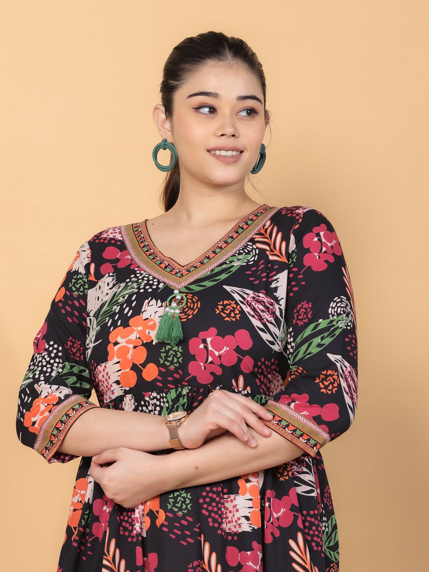 Soft Cotton Floral Anarkali Black Dress