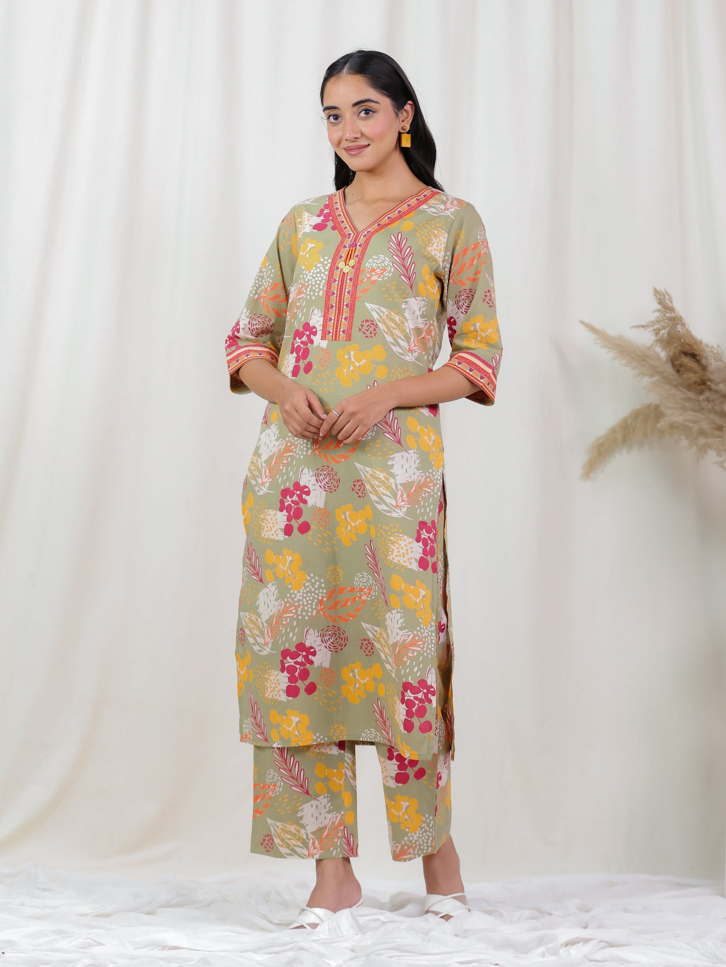 Soft Cotton Foliage Straight Olive Kurta