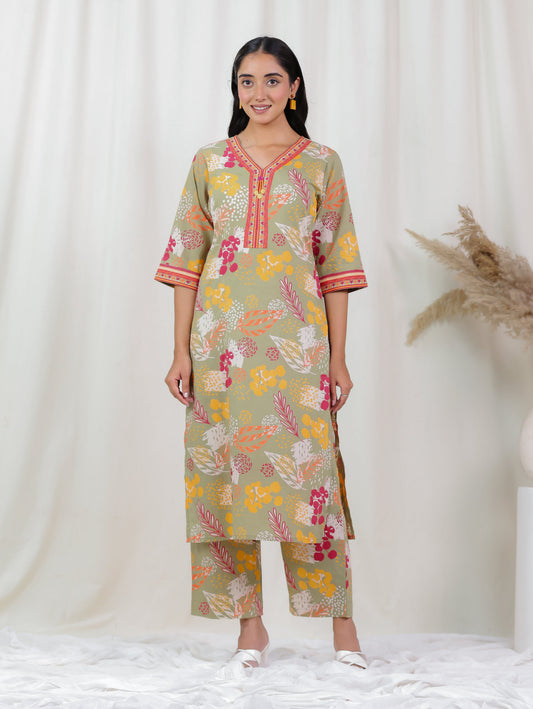 Soft Cotton Foliage Straight Olive Kurta