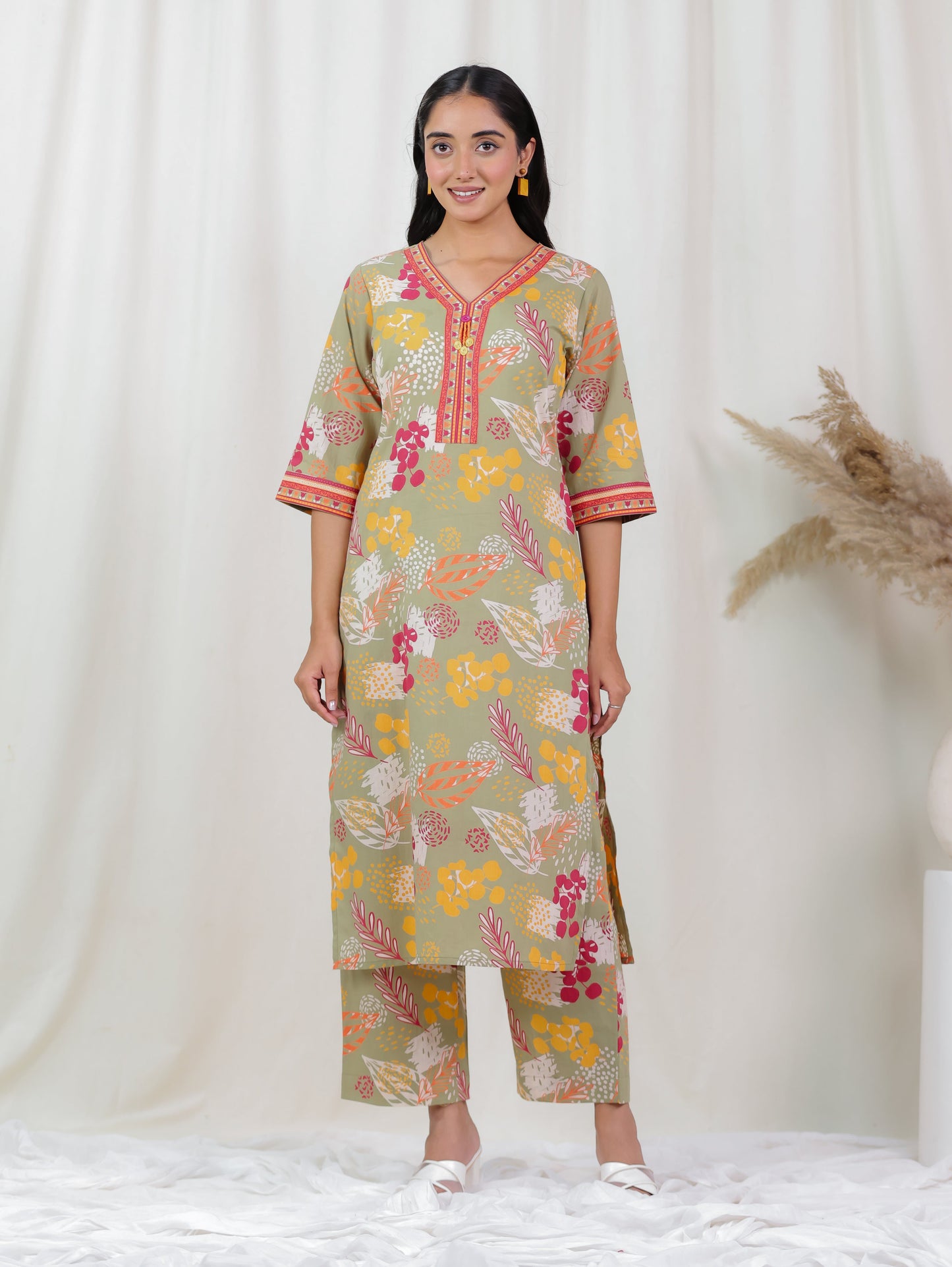 Soft Cotton Foliage Straight Olive Kurta