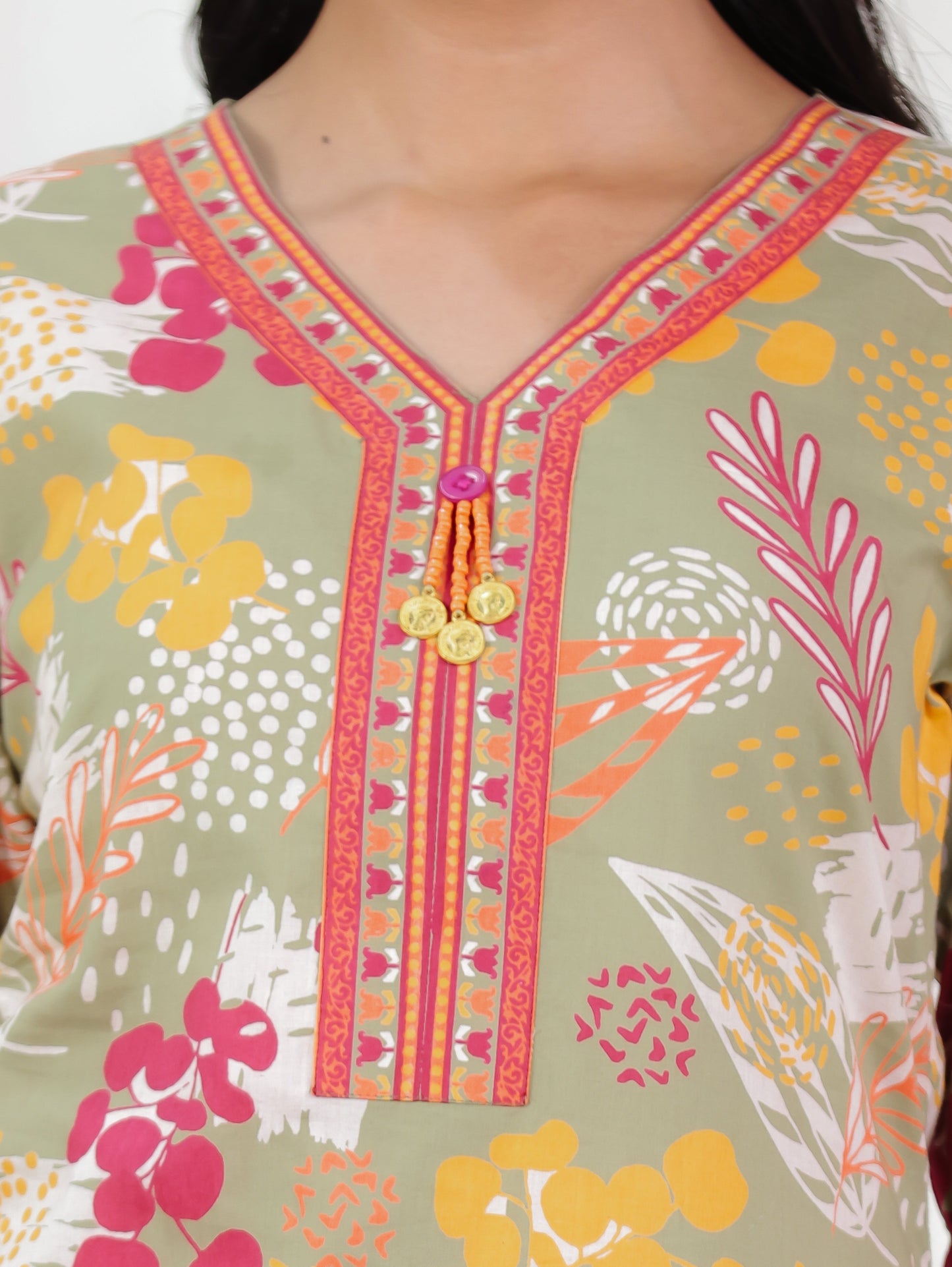 Soft Cotton Foliage Straight Olive Kurta