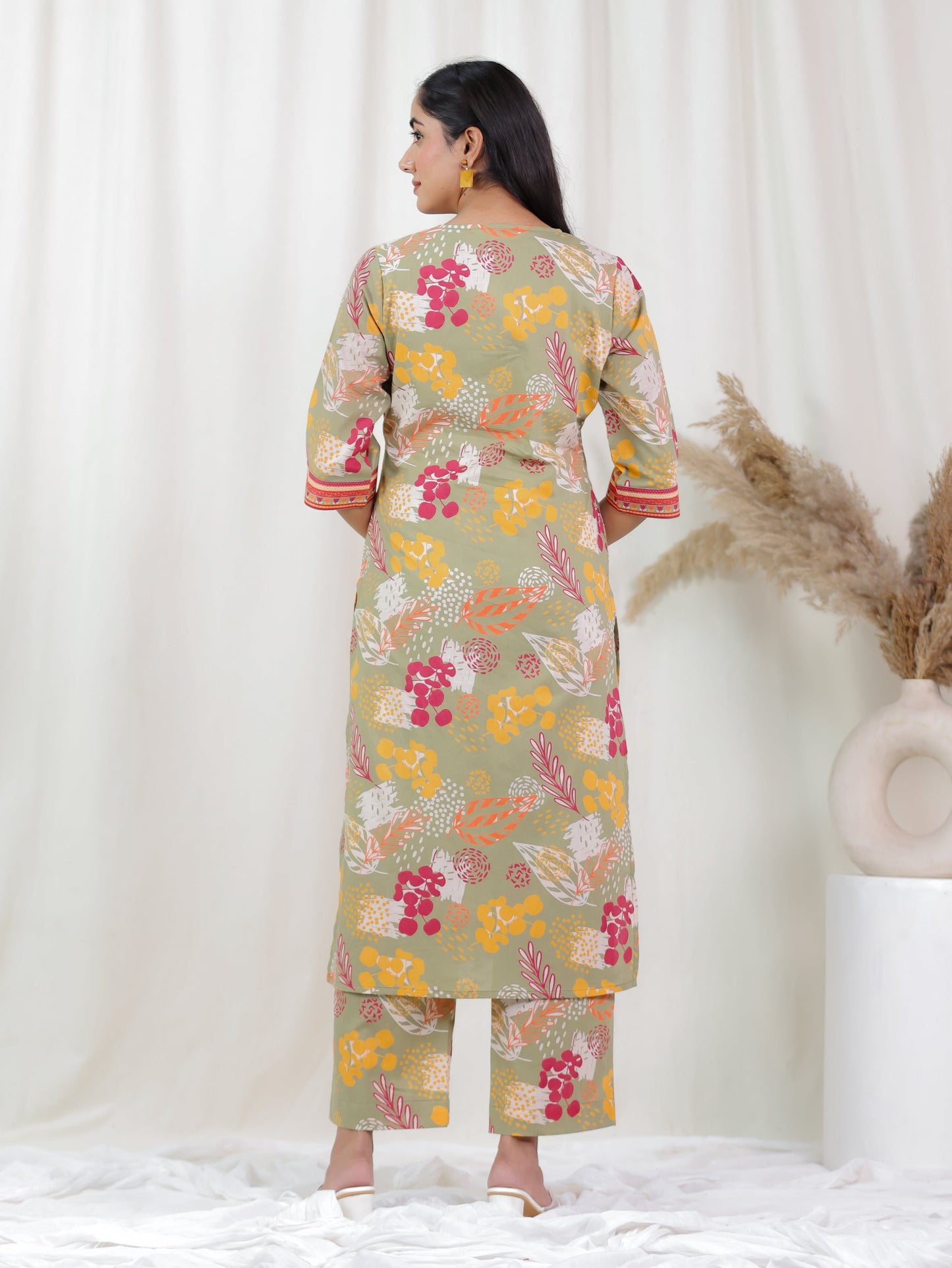 Soft Cotton Foliage Straight Olive Kurta
