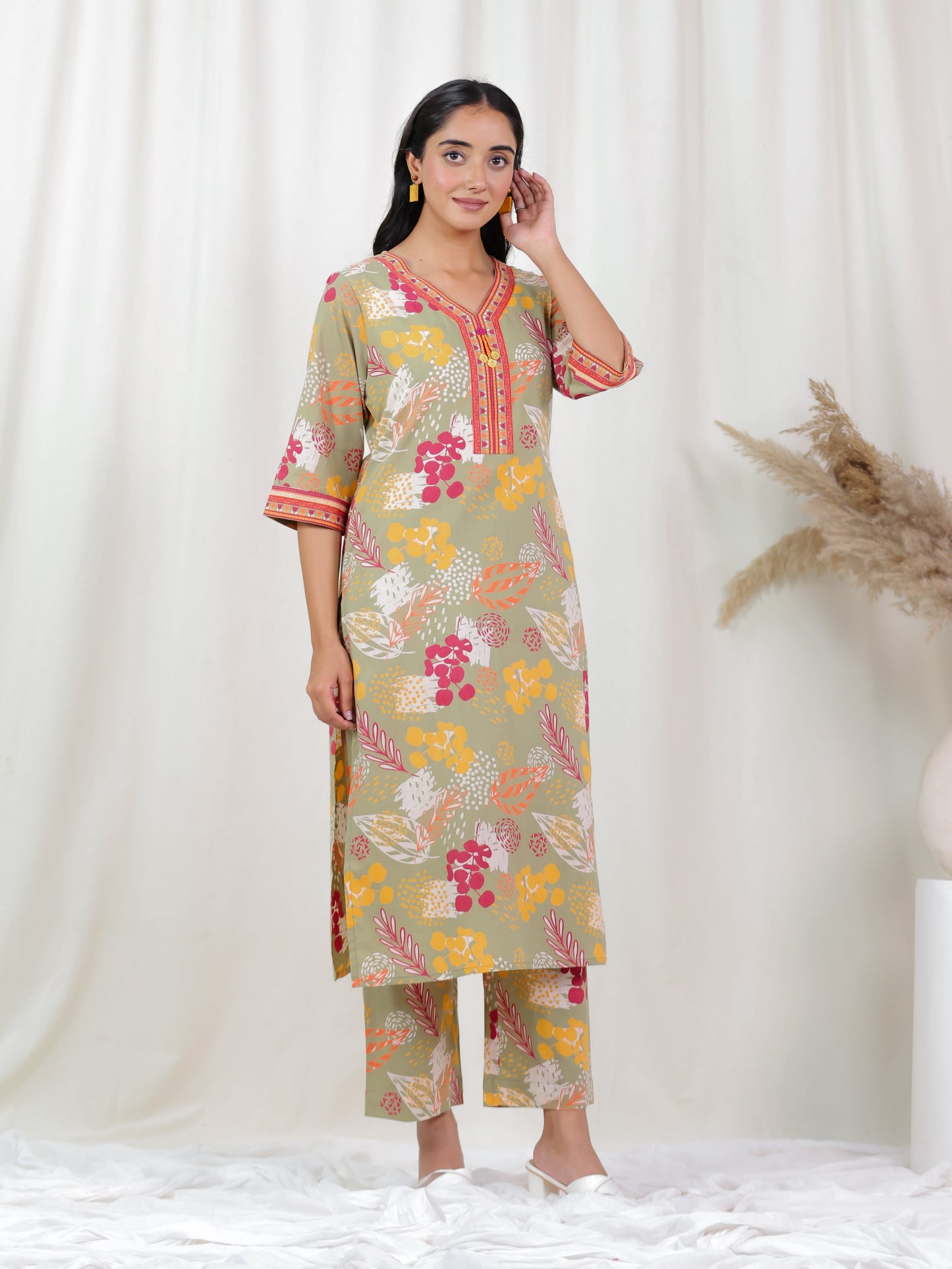 Soft Cotton Foliage Straight Olive Kurta