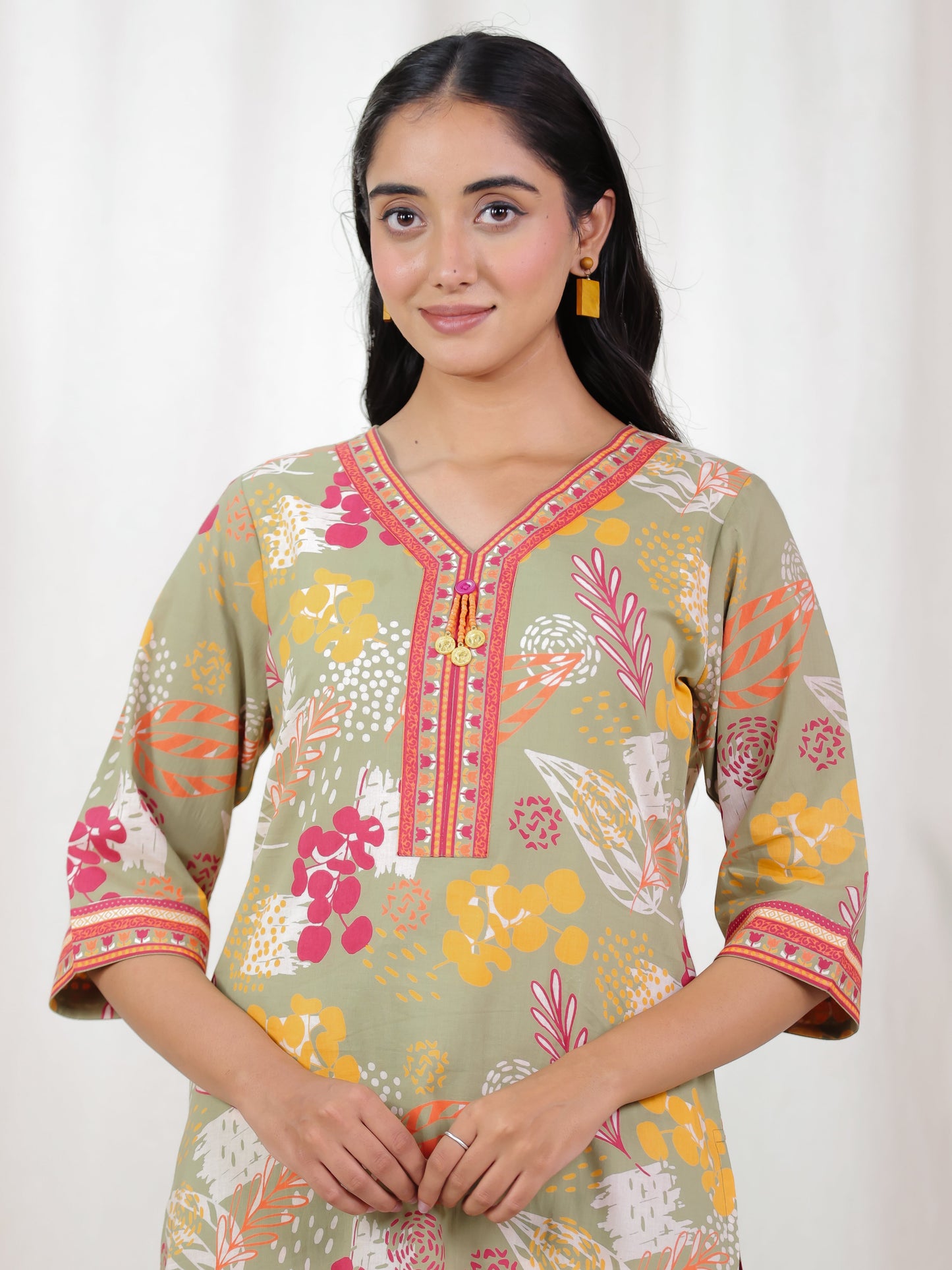 Soft Cotton Foliage Straight Olive Kurta