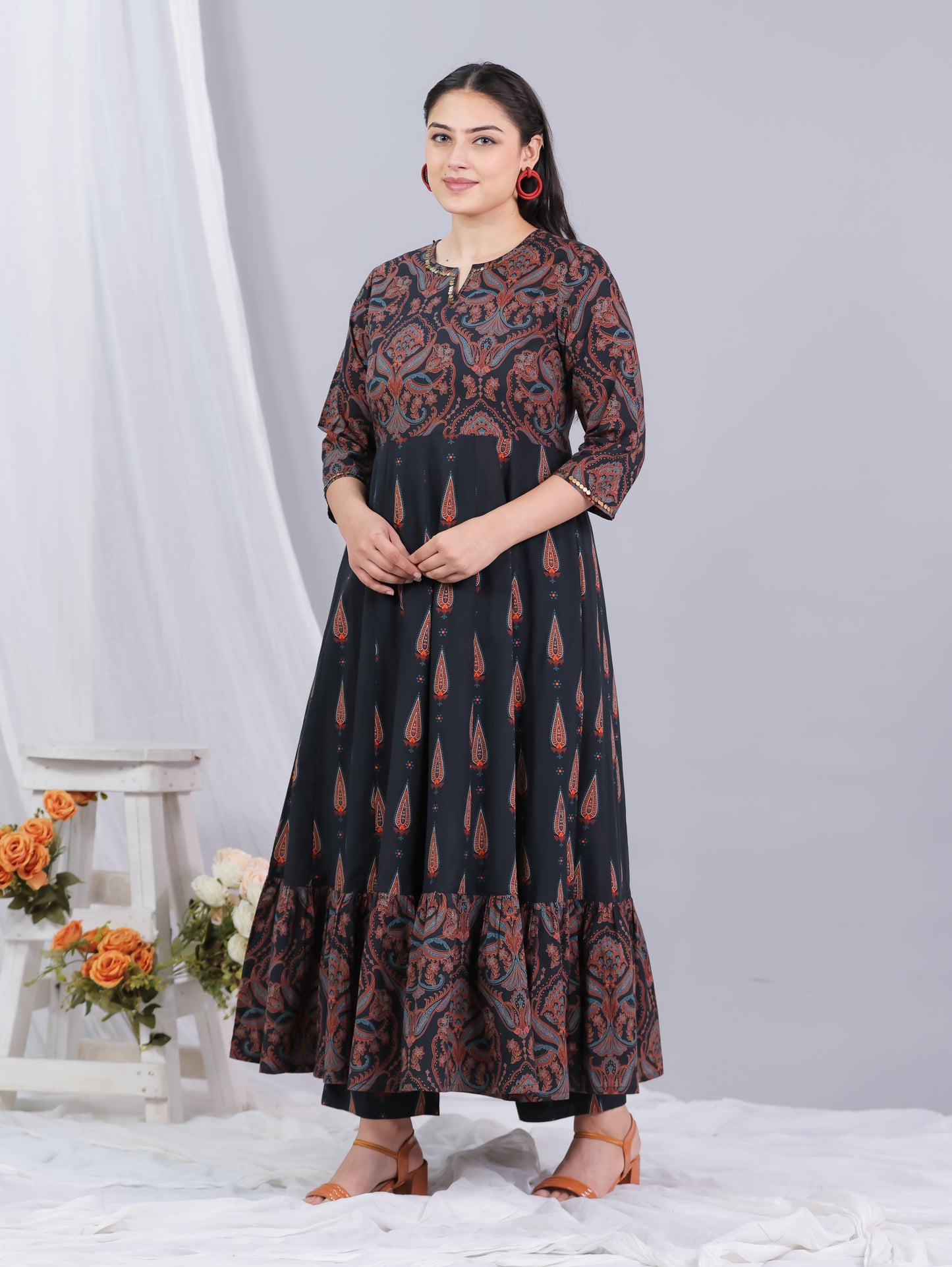 Soft Cotton Geometric Anarkali Black Kurta