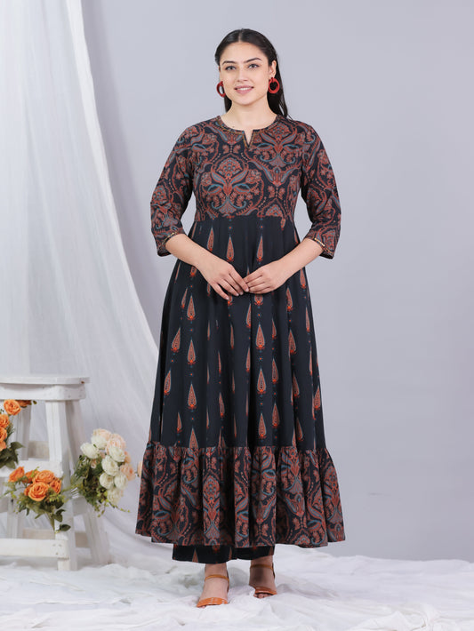 Soft Cotton Geometric Anarkali Black Kurta
