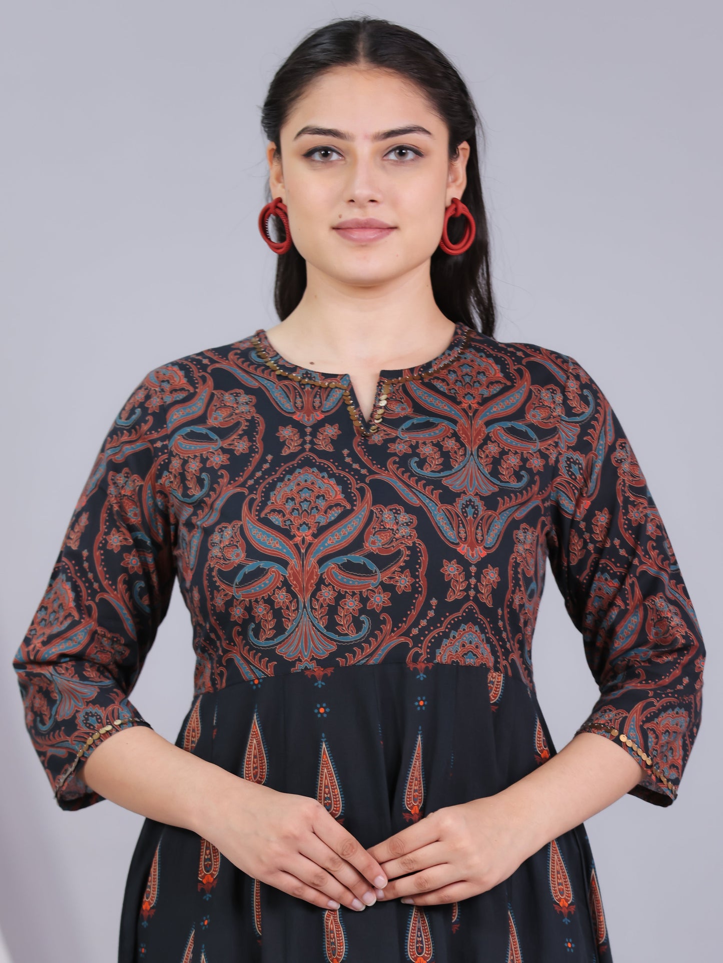 Soft Cotton Geometric Anarkali Black Kurta
