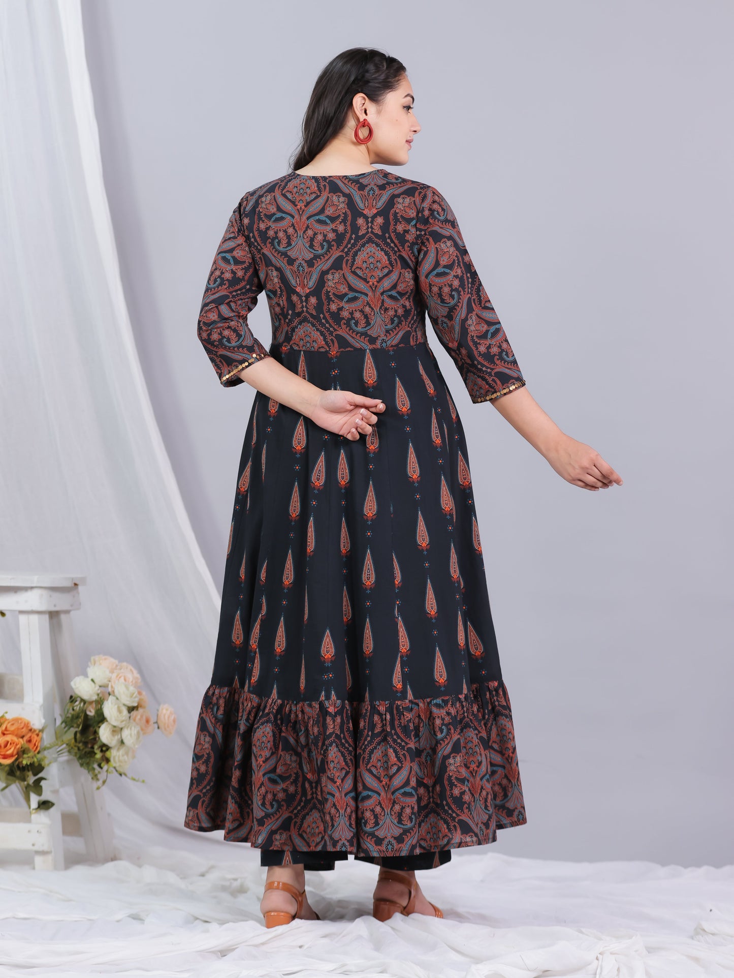 Soft Cotton Geometric Anarkali Black Kurta