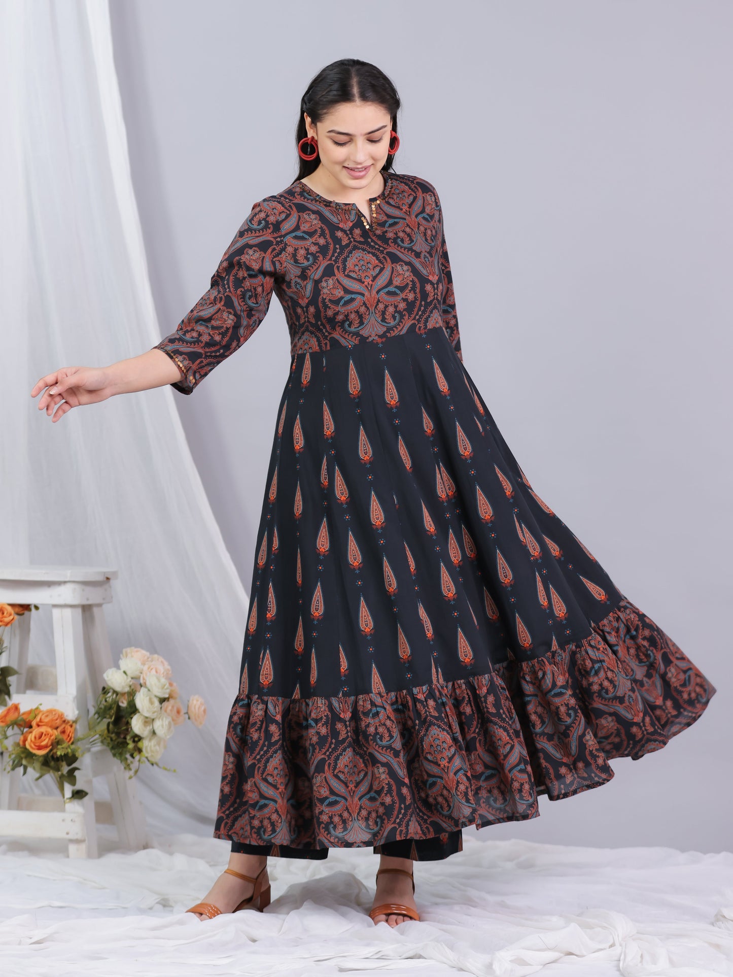 Soft Cotton Geometric Anarkali Black Kurta