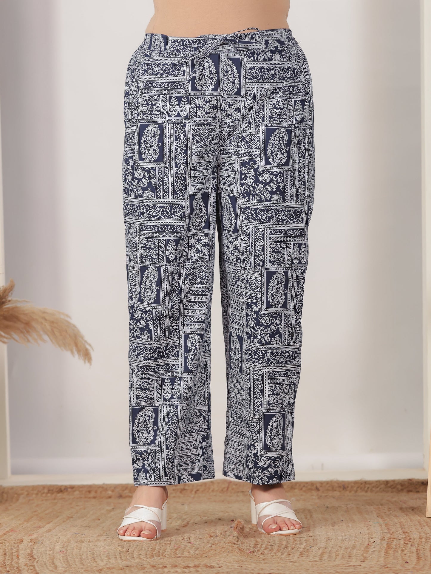 Soft Cotton Patchwork Navy Blue Straight Trousers