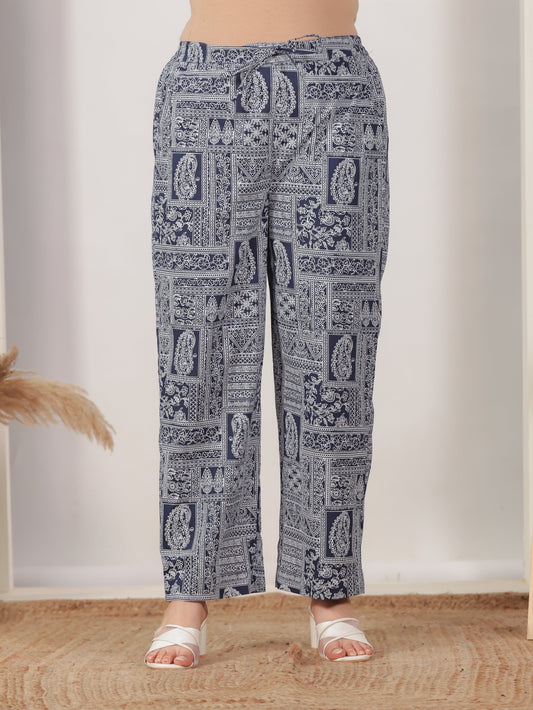 Soft Cotton Patchwork Navy Blue Straight Trousers