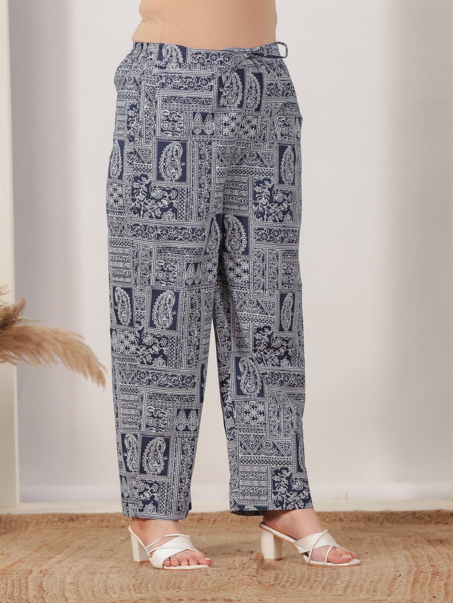 Soft Cotton Patchwork Navy Blue Straight Trousers