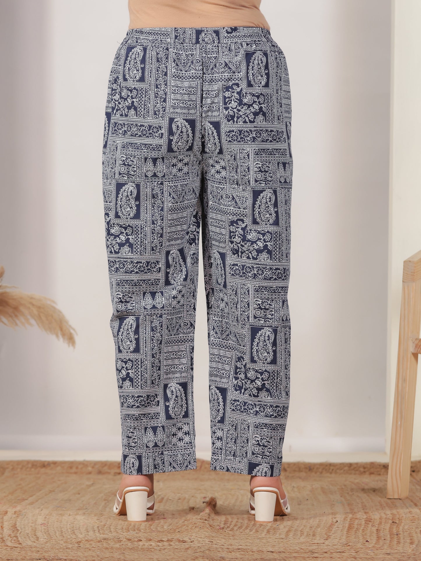 Soft Cotton Patchwork Navy Blue Straight Trousers
