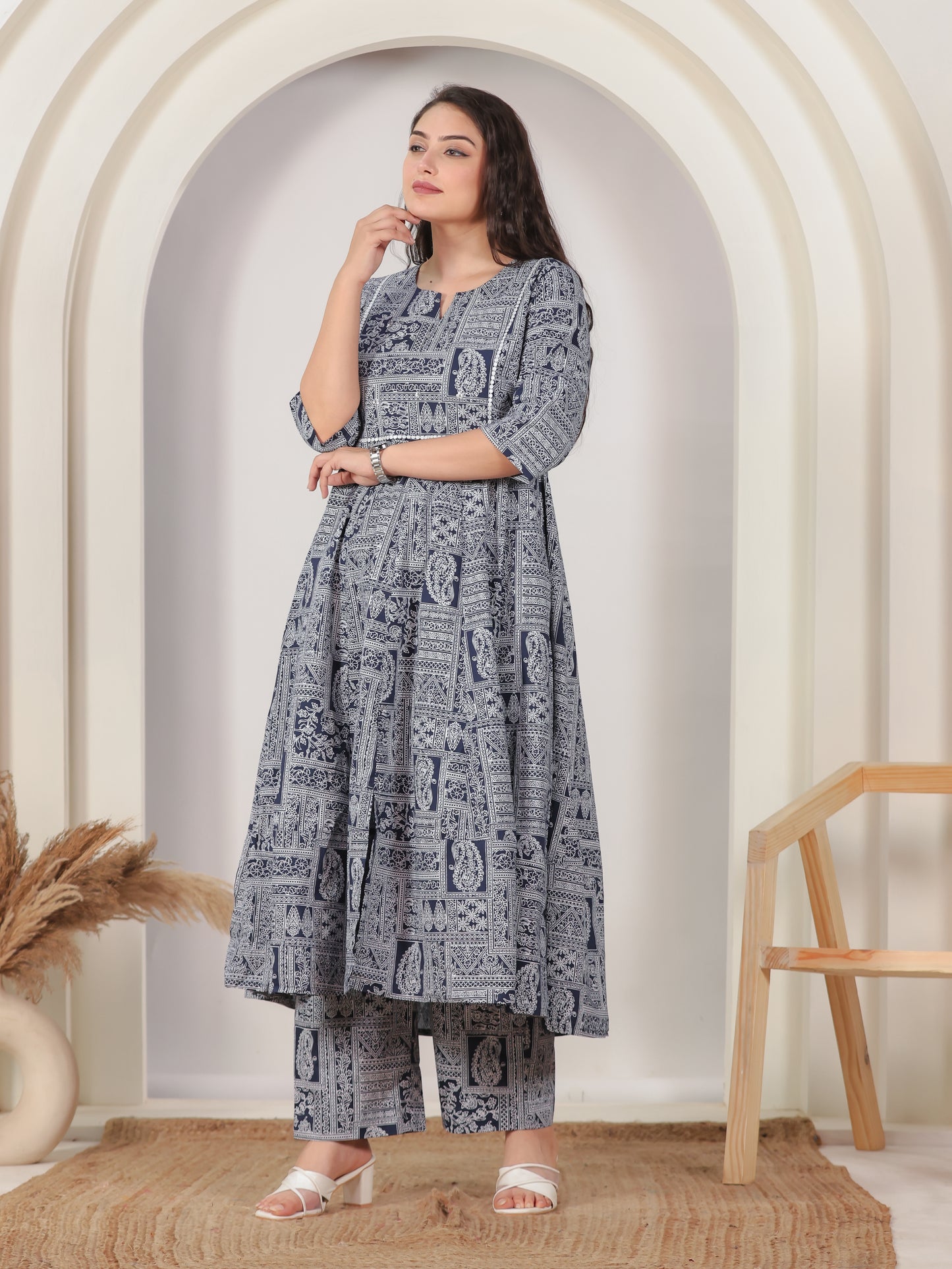 Embroidered Soft Cotton Patchwork Anarkali Navy Blue Kurta