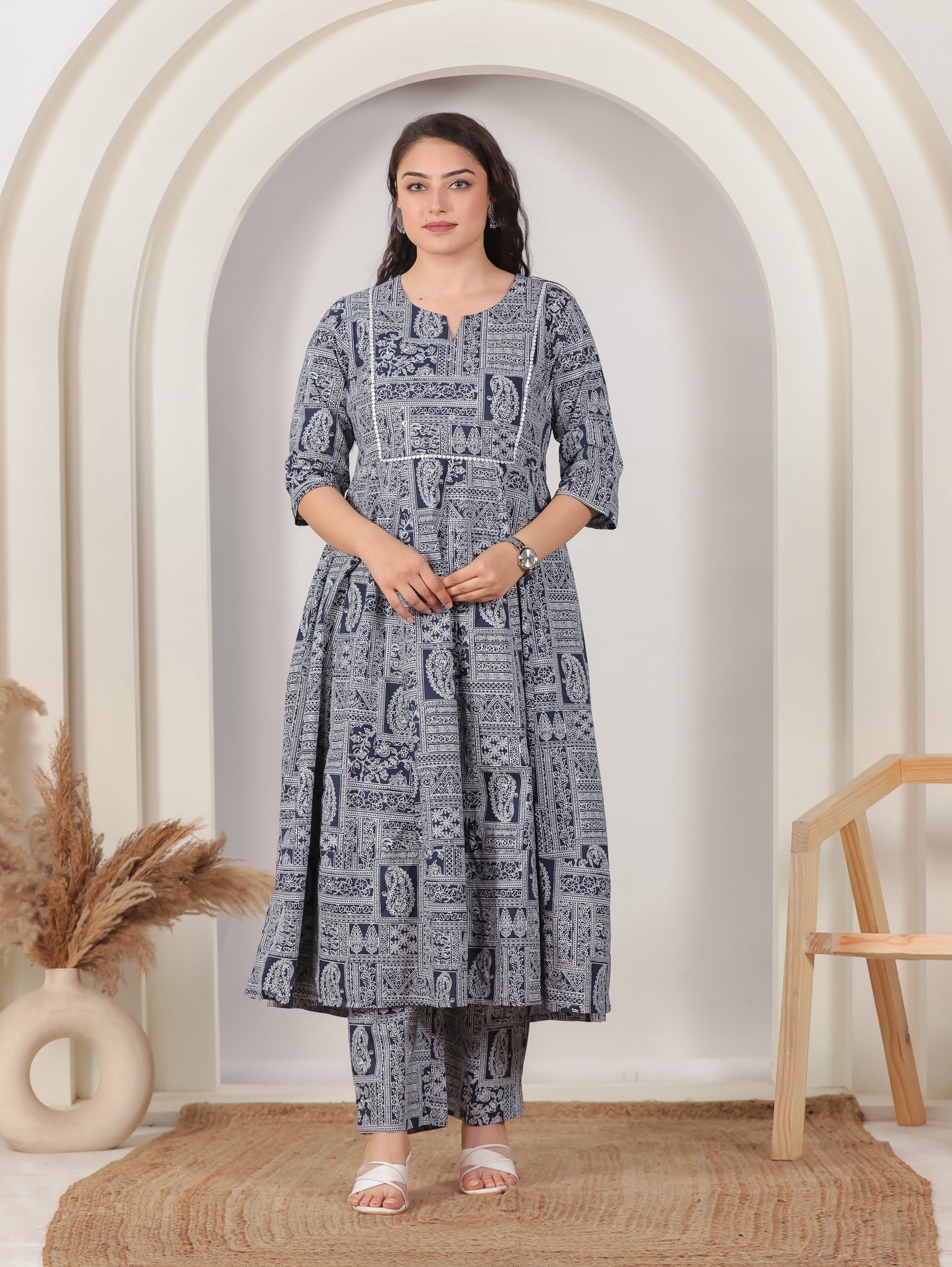 Embroidered Soft Cotton Patchwork Anarkali Navy Blue Kurta