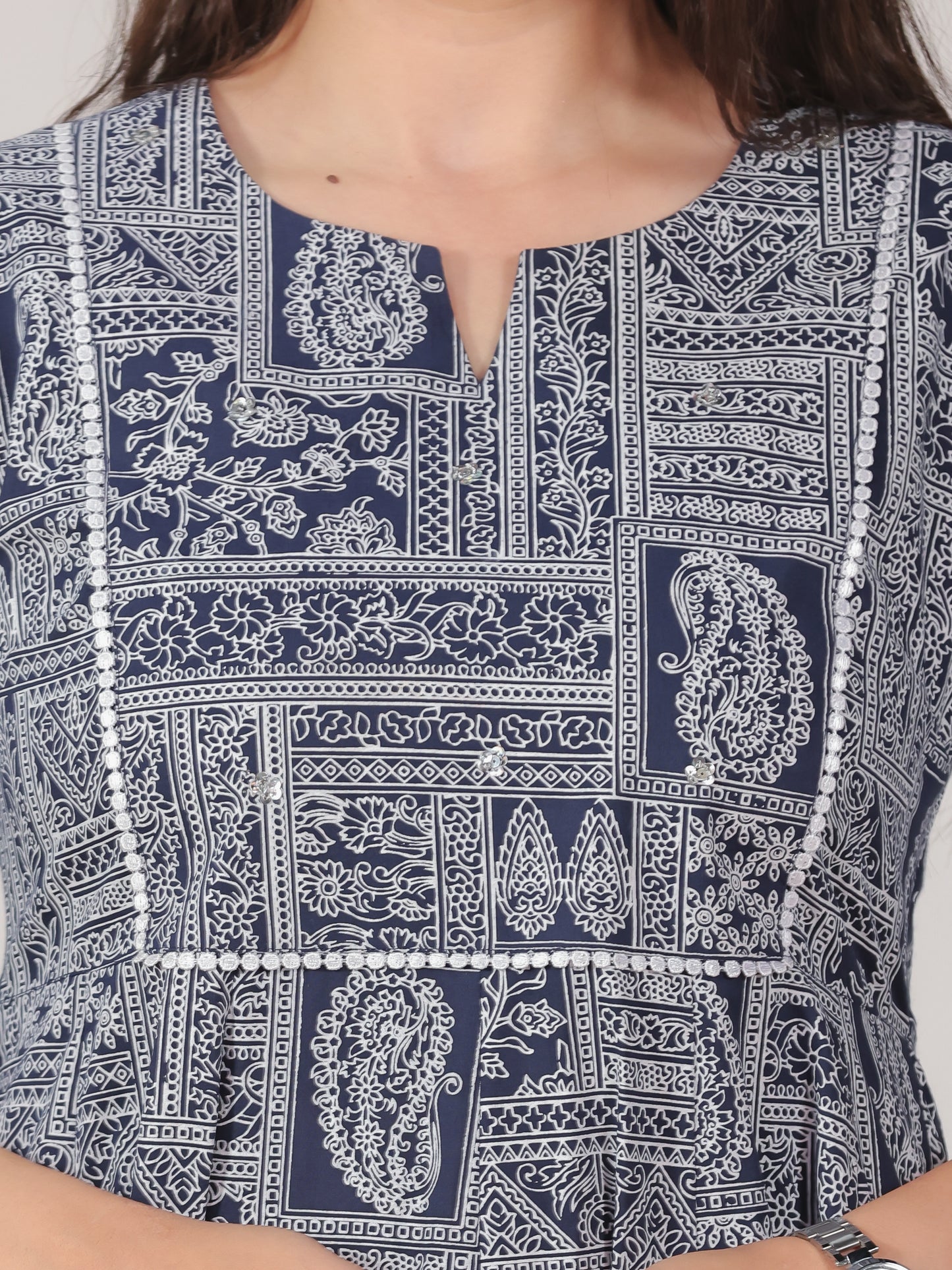 Embroidered Soft Cotton Patchwork Anarkali Navy Blue Kurta