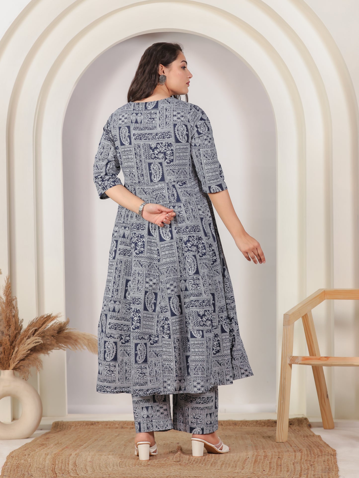 Embroidered Soft Cotton Patchwork Anarkali Navy Blue Kurta