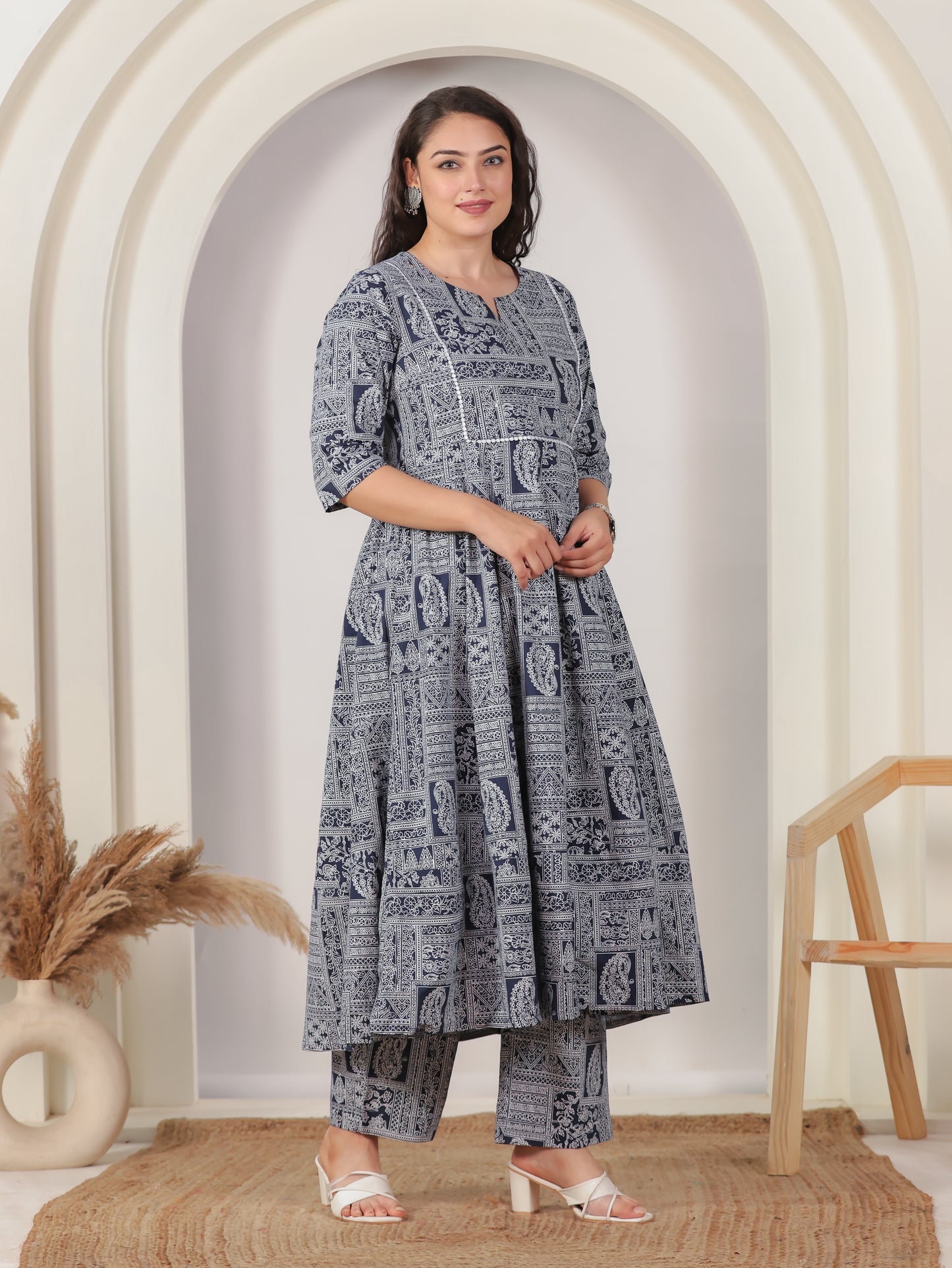 Embroidered Soft Cotton Patchwork Anarkali Navy Blue Kurta