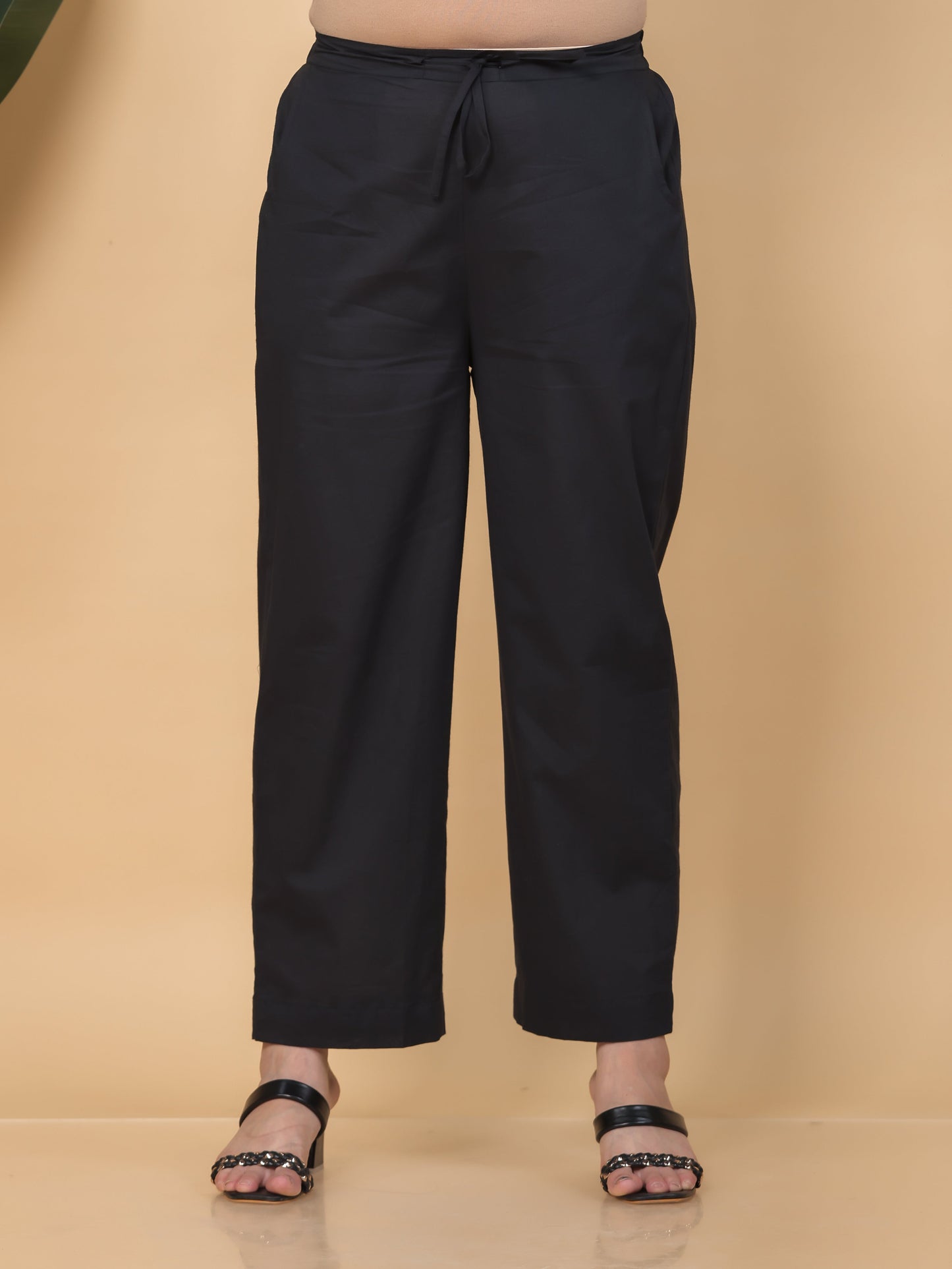 Soft Cotton Solid Black Straight Straight Trousers