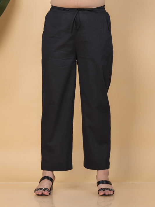 Soft Cotton Solid Black Straight Straight Trousers