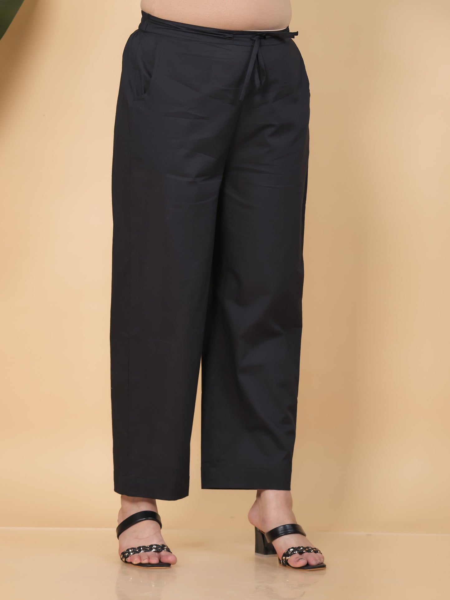 Soft Cotton Solid Black Straight Straight Trousers