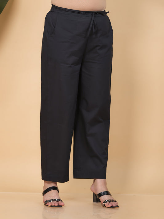 Soft Cotton Solid Black Straight Straight Trousers