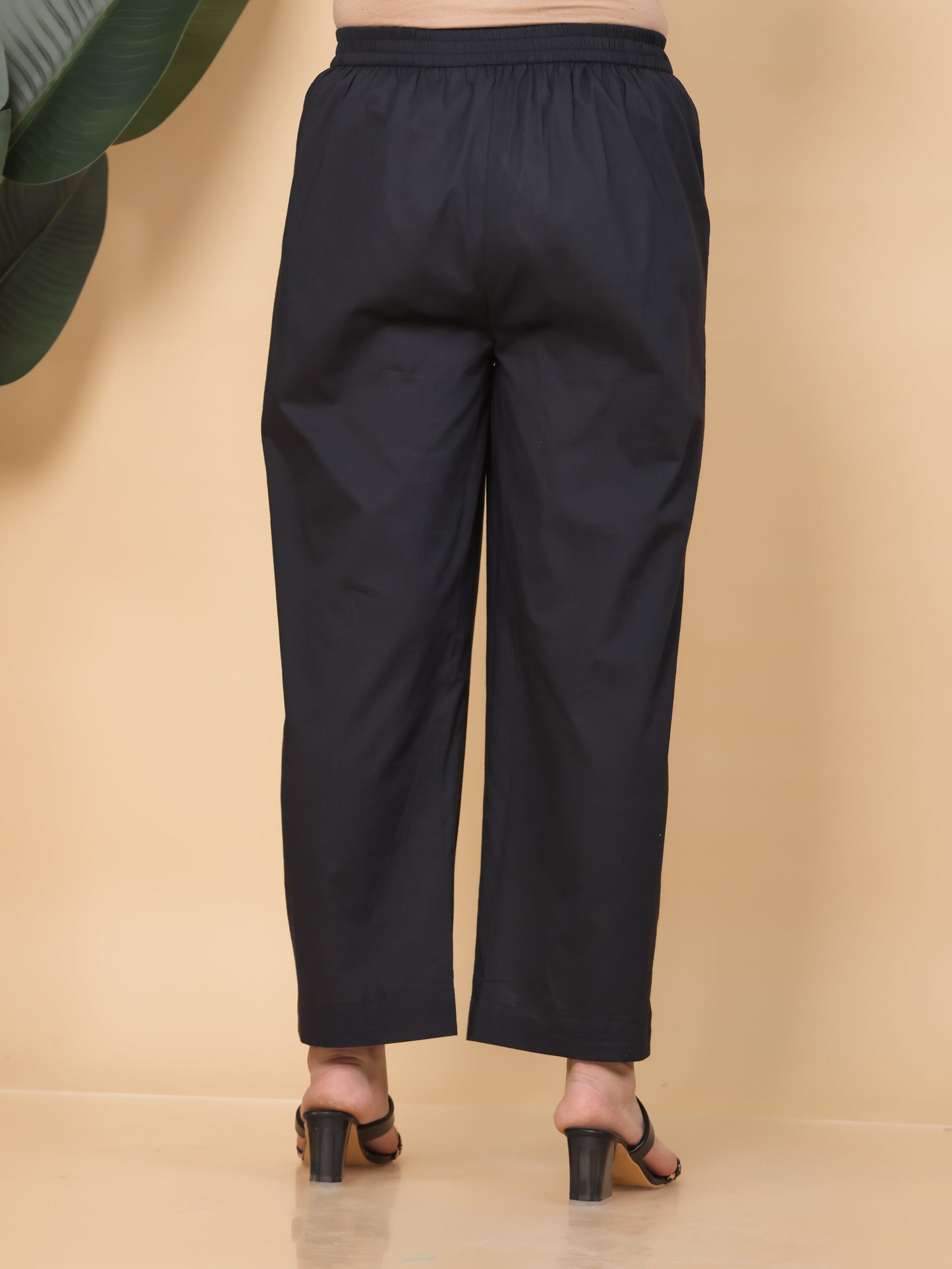 Soft Cotton Solid Black Straight Straight Trousers