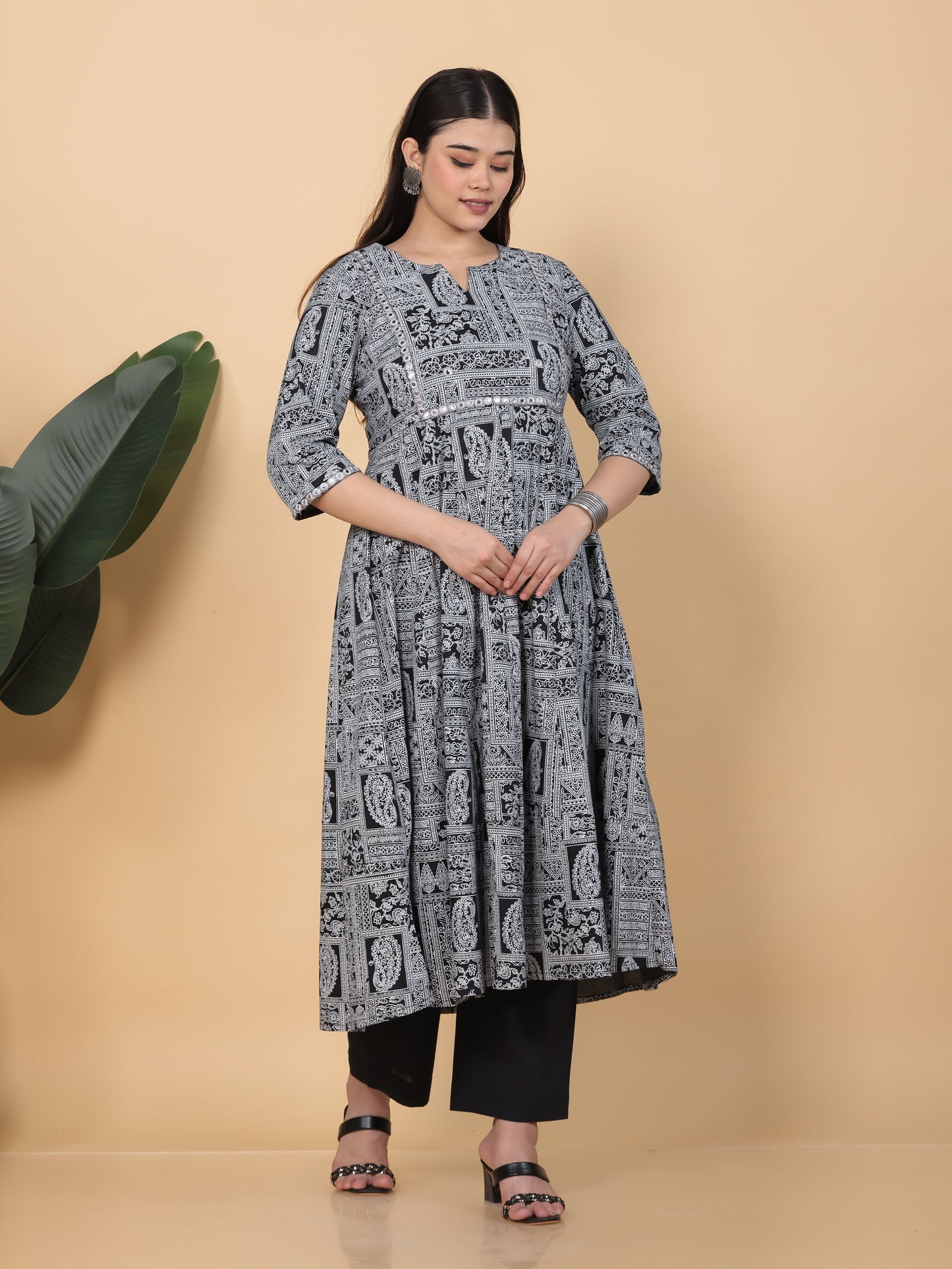 Embroidered Soft Cotton Patchwork Anarkali Black Kurta