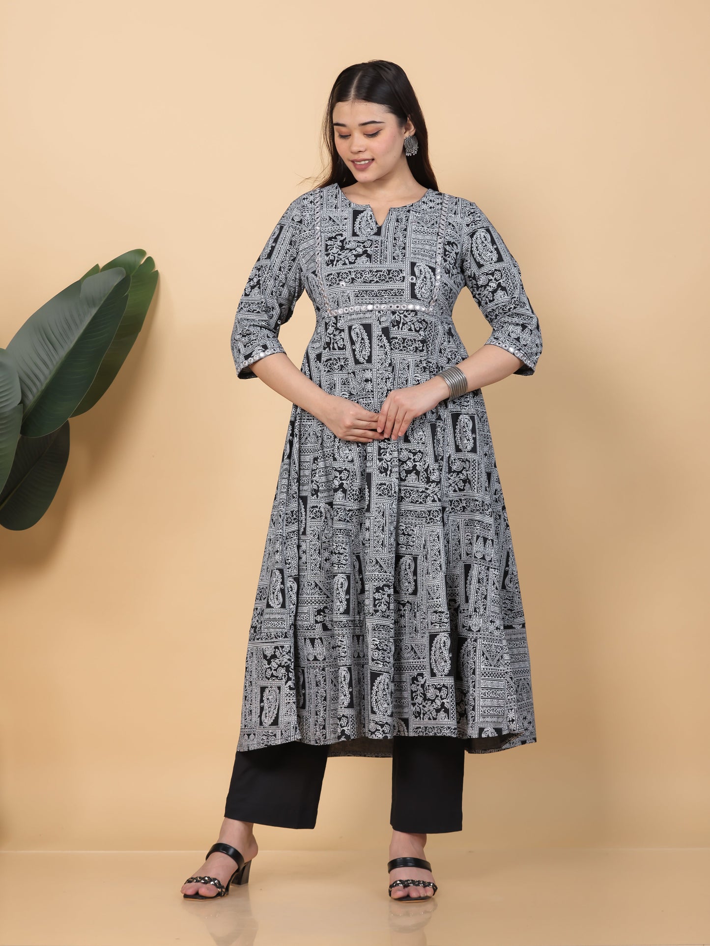 Embroidered Soft Cotton Patchwork Anarkali Black Kurta