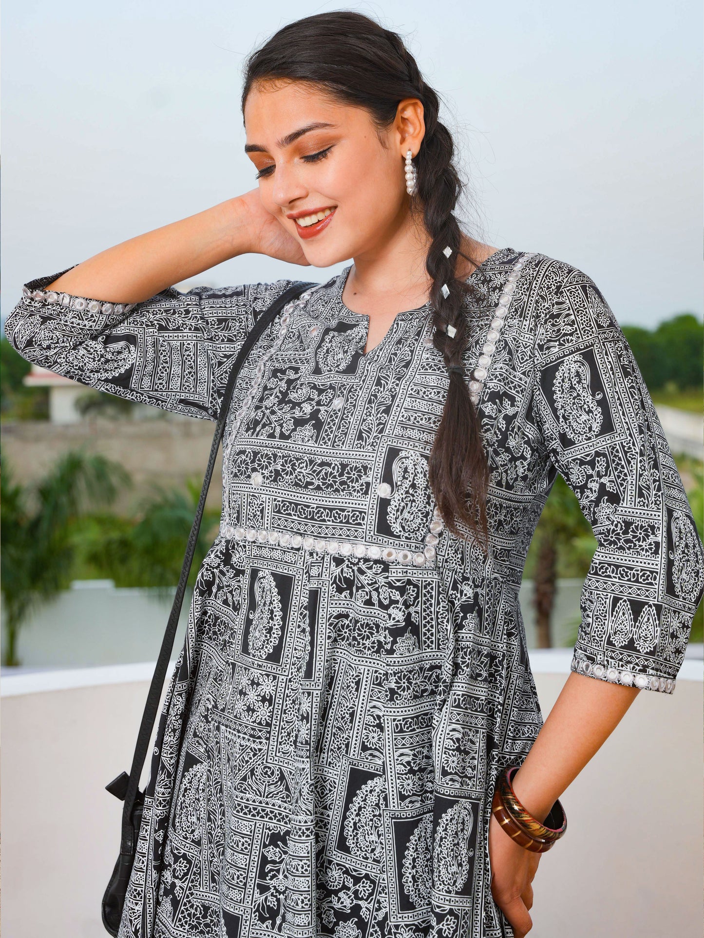 Embroidered Soft Cotton Patchwork Anarkali Black Kurta