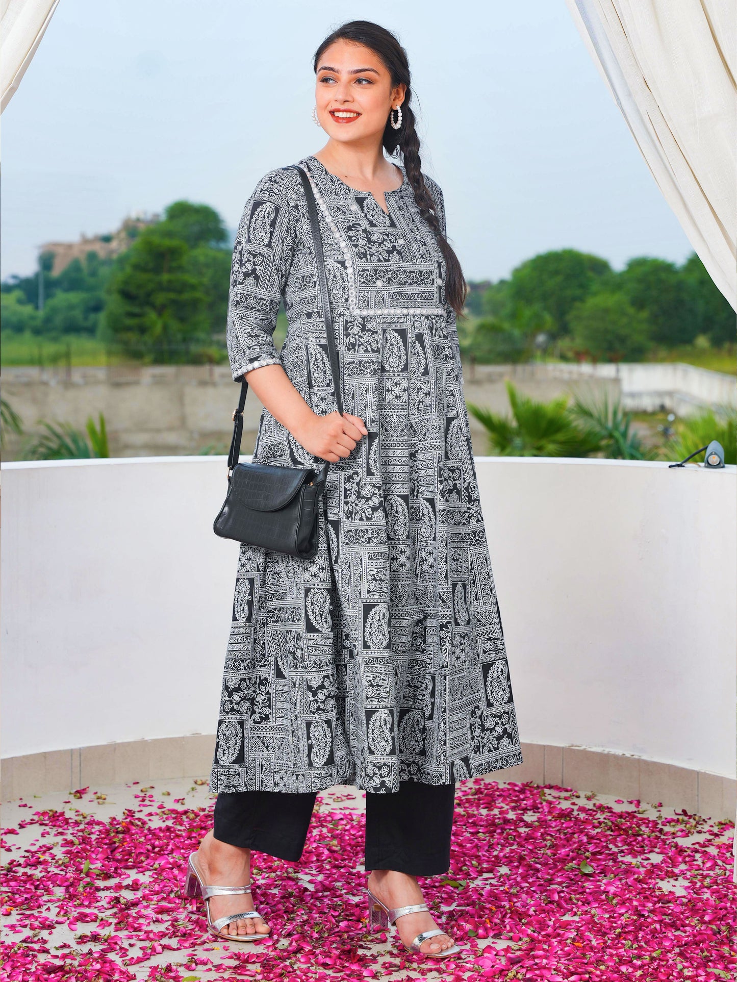 Embroidered Soft Cotton Patchwork Anarkali Black Kurta