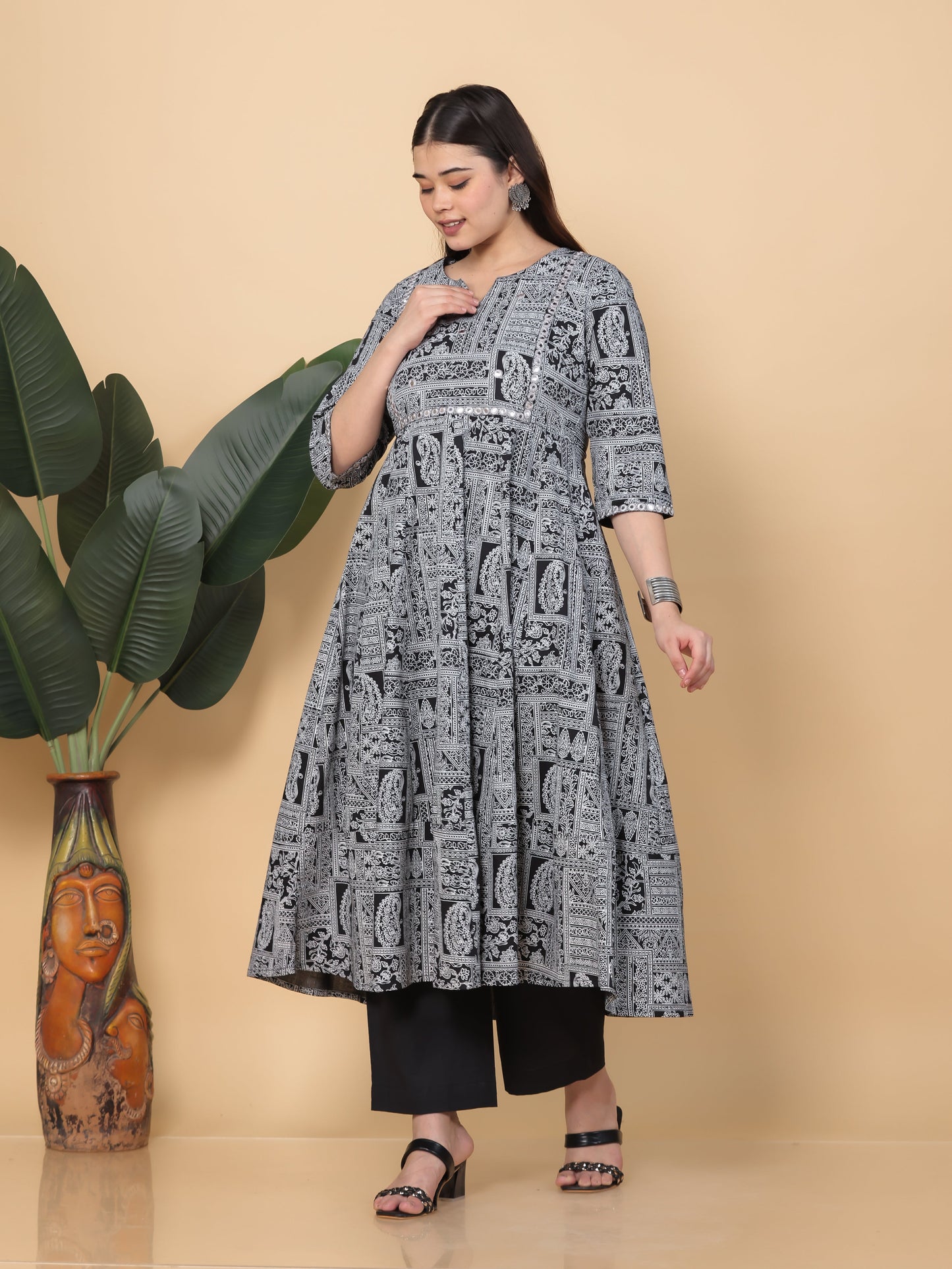 Embroidered Soft Cotton Patchwork Anarkali Black Kurta