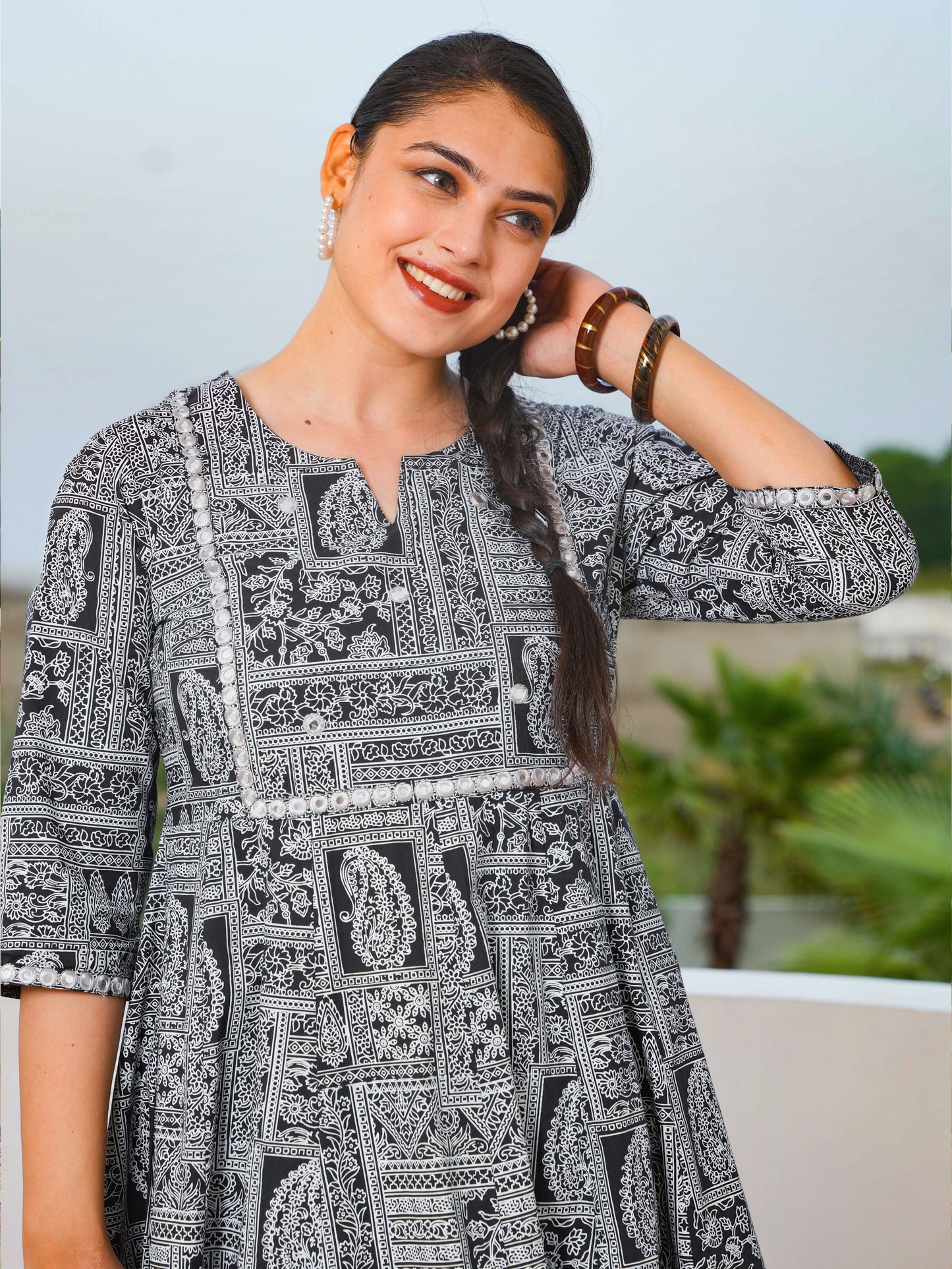 Embroidered Soft Cotton Patchwork Anarkali Black Kurta