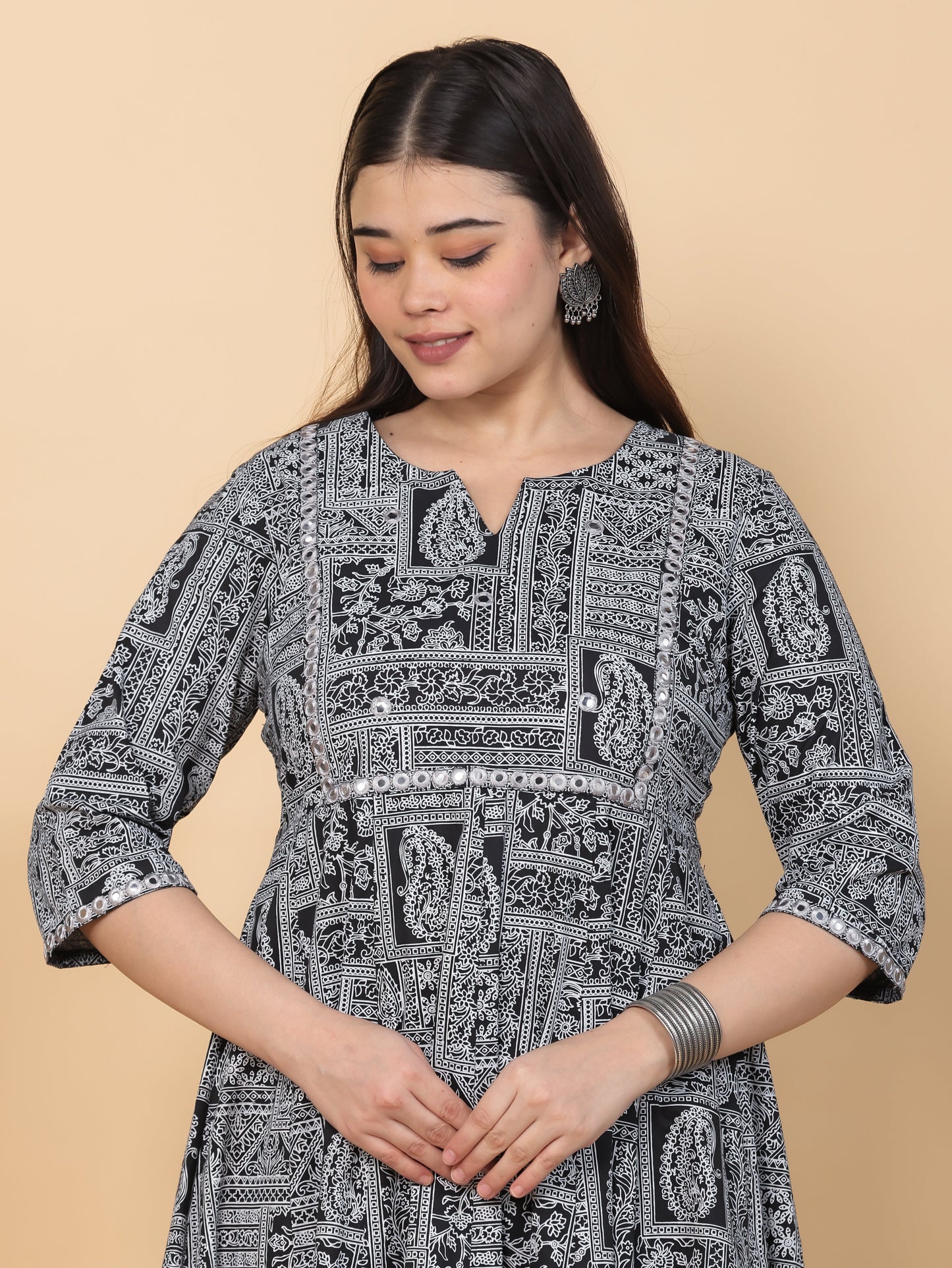 Embroidered Soft Cotton Patchwork Anarkali Black Kurta