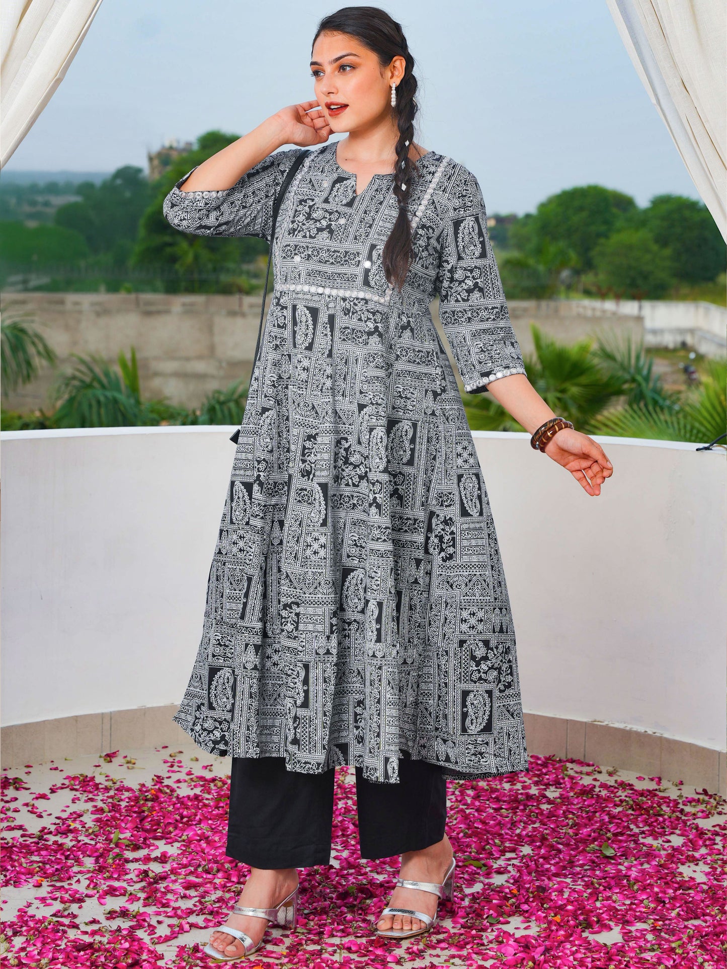 Embroidered Soft Cotton Patchwork Anarkali Black Kurta