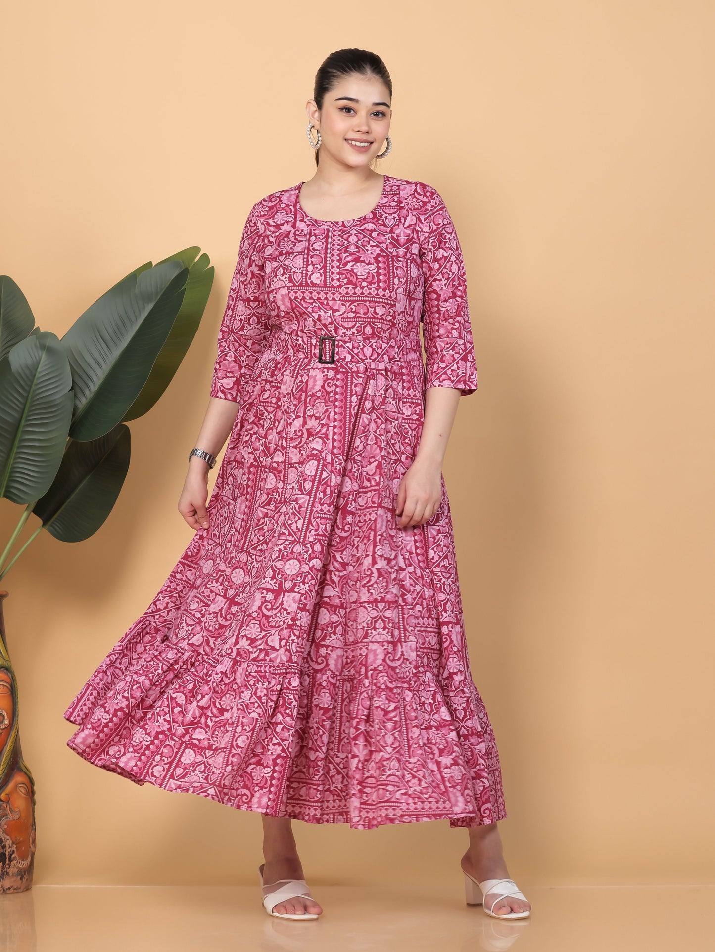 Soft Cotton Patchwork Anarkali Pink Dress (With Belt)