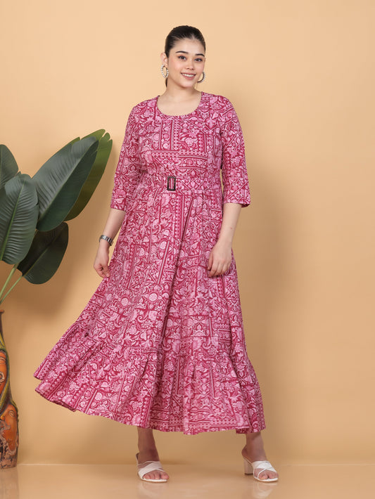 Soft Cotton Patchwork Anarkali Pink Dress (With Belt)