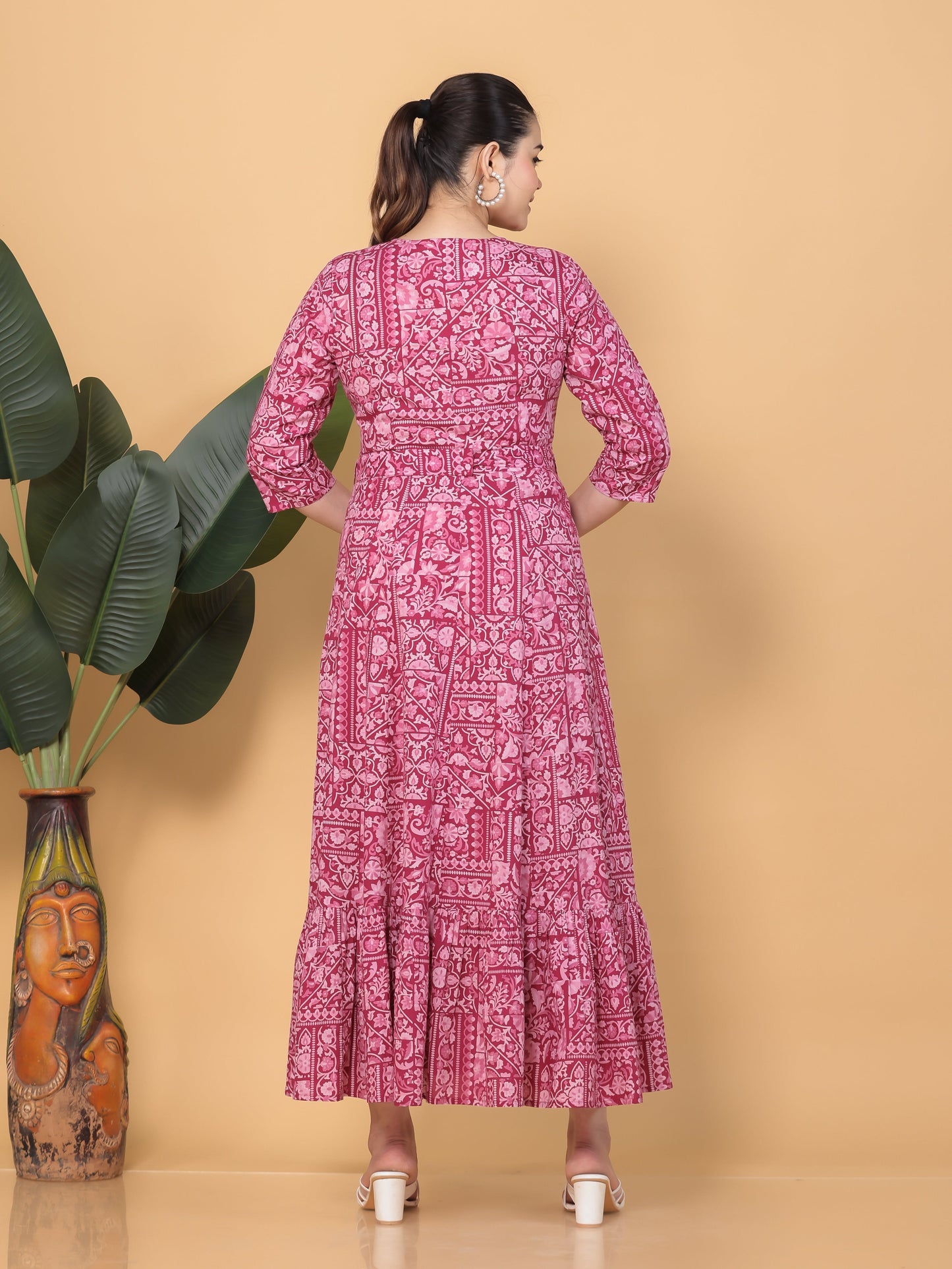 Soft Cotton Patchwork Anarkali Pink Dress (With Belt)