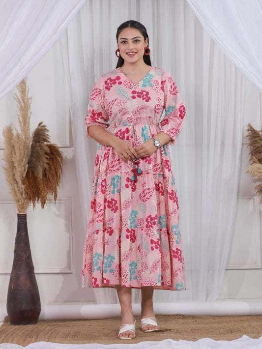 Soft Cotton Floral Anarkali Peach Dress