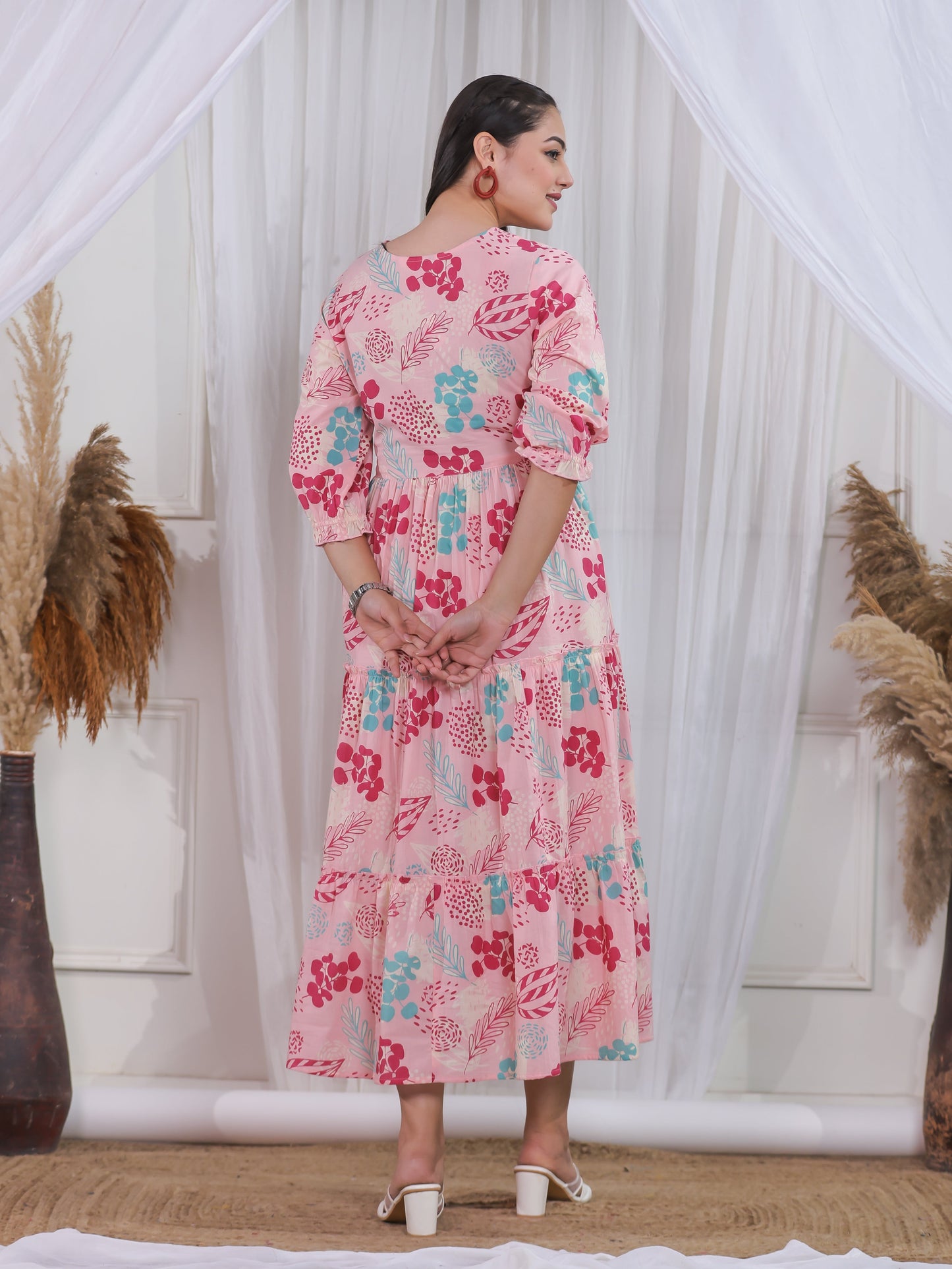Soft Cotton Floral Anarkali Peach Dress