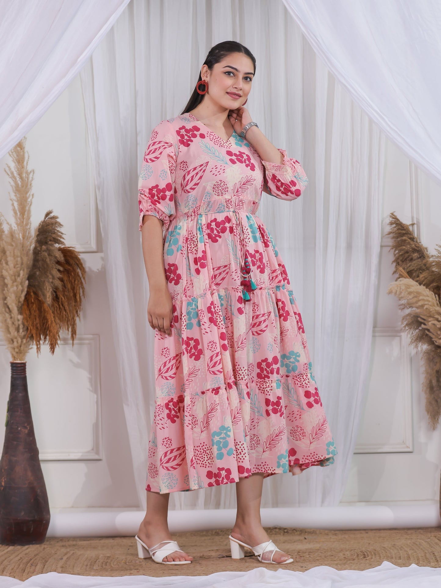 Soft Cotton Floral Anarkali Peach Dress