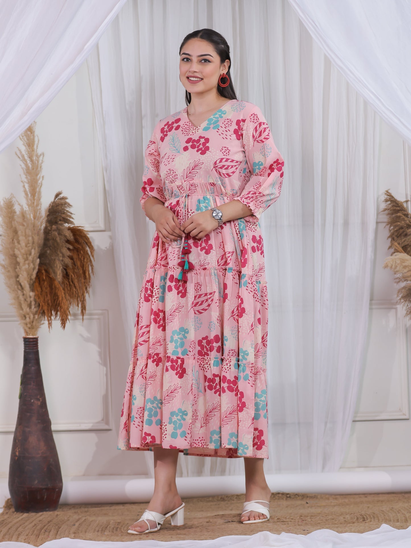 Soft Cotton Floral Anarkali Peach Dress