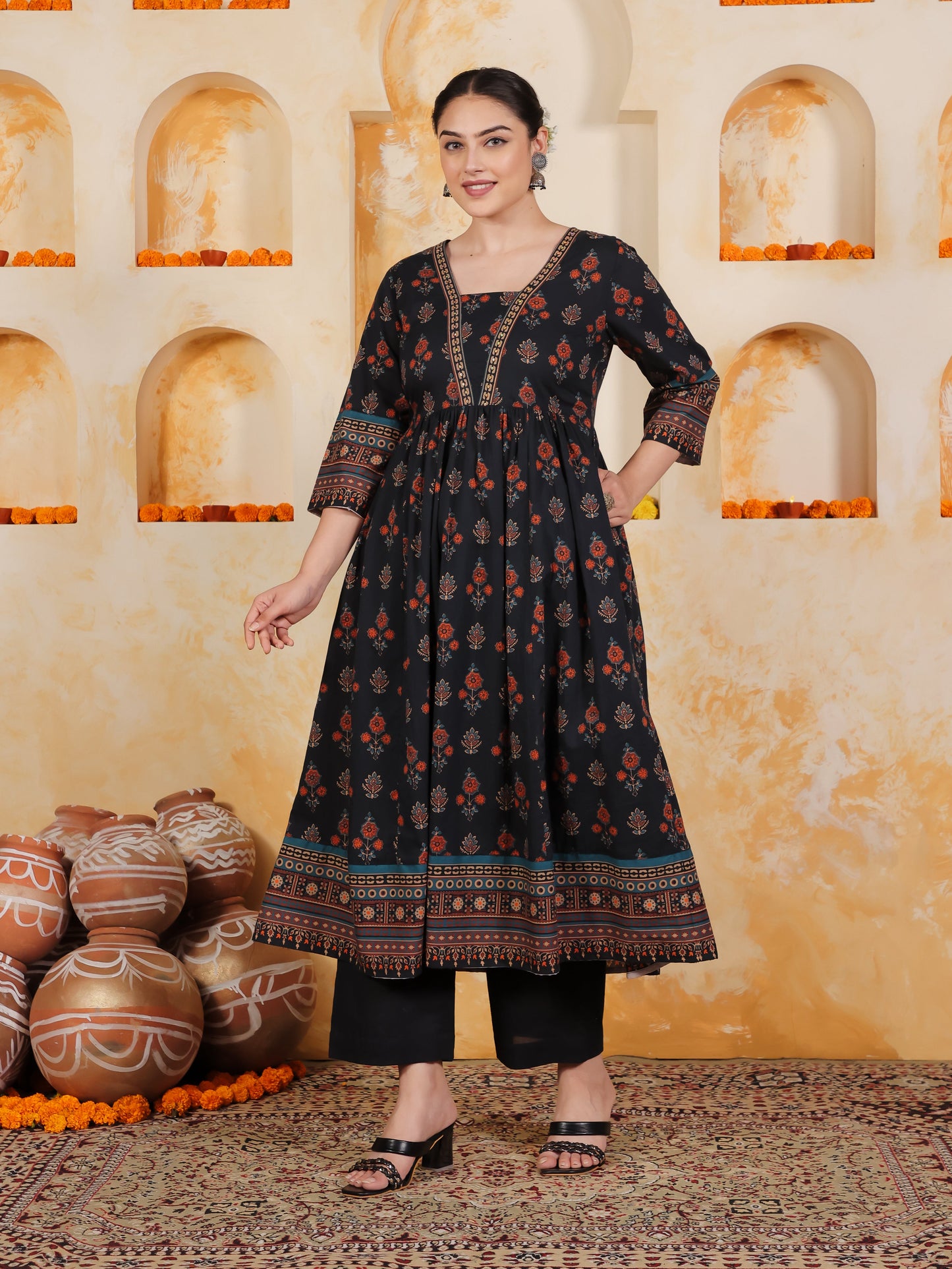 Soft Cotton Geometric Anarkali Black Kurta