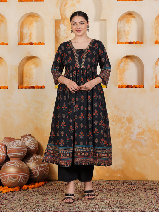 Soft Cotton Geometric Anarkali Black Kurta