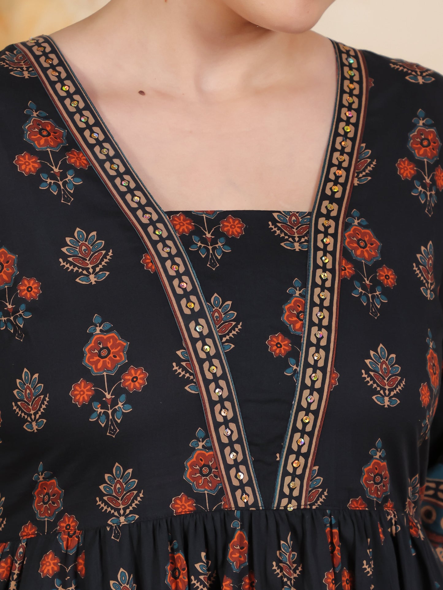 Soft Cotton Geometric Anarkali Black Kurta