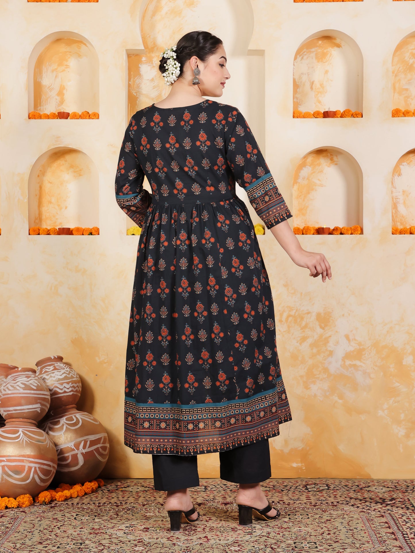Soft Cotton Geometric Anarkali Black Kurta