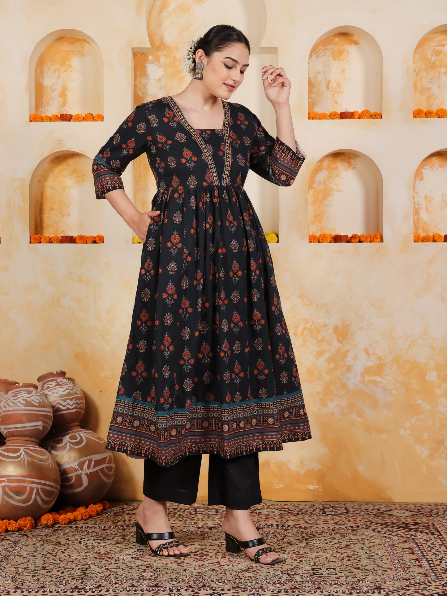 Soft Cotton Geometric Anarkali Black Kurta